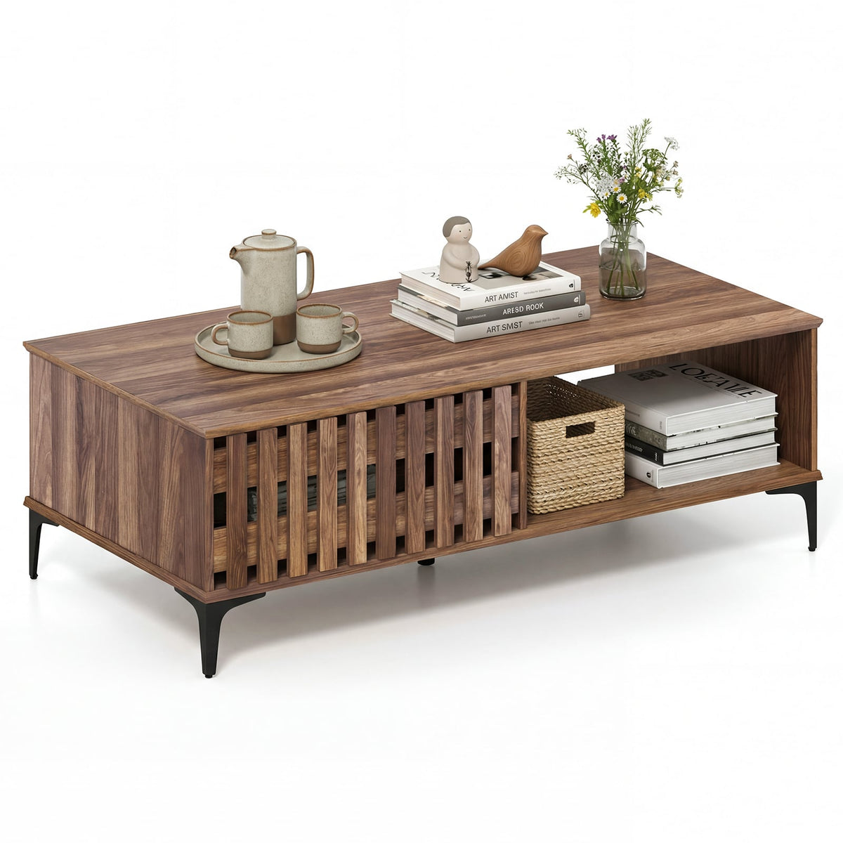 47 Inches Mid Century Coffee Table Farmhouse Wooden Center Table-Walnut-Coffee Tables-DECOROLALA