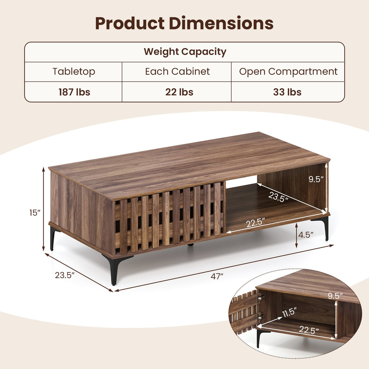 47 Inches Mid Century Coffee Table Farmhouse Wooden Center Table-Walnut-Coffee Tables-DECOROLALA