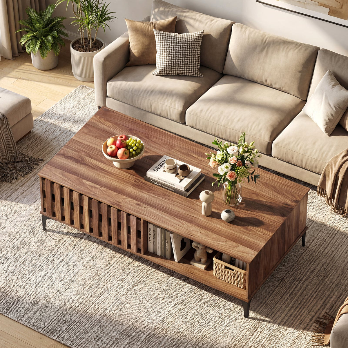 47 Inches Mid Century Coffee Table Farmhouse Wooden Center Table-Walnut-Coffee Tables-DECOROLALA