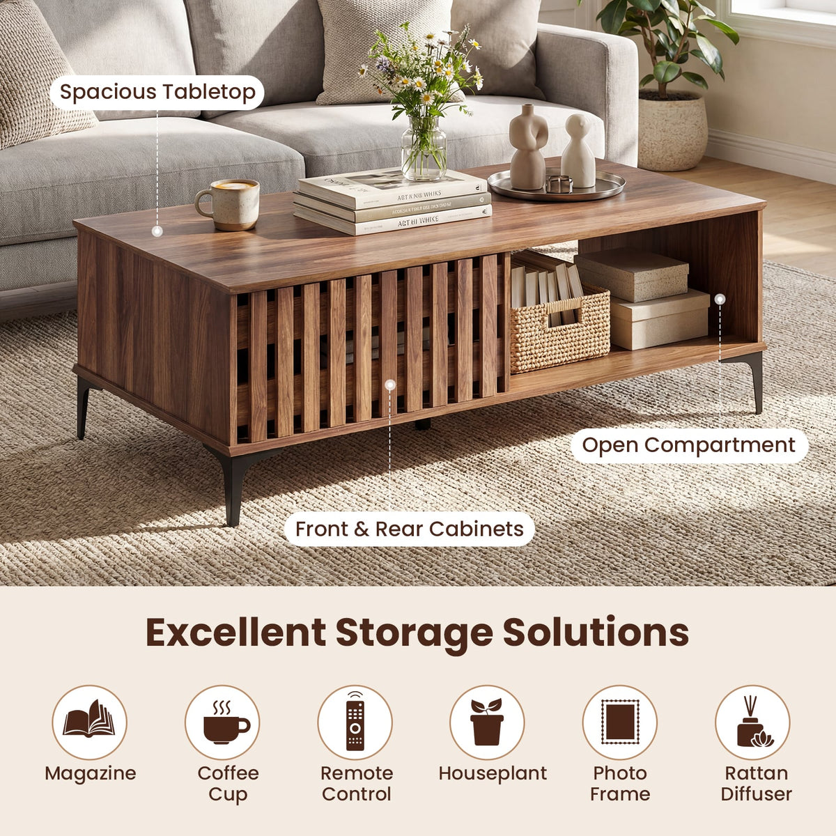 47 Inches Mid Century Coffee Table Farmhouse Wooden Center Table-Walnut-Coffee Tables-DECOROLALA