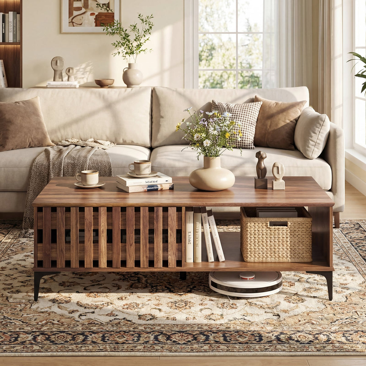 47 Inches Mid Century Coffee Table Farmhouse Wooden Center Table-Walnut-Coffee Tables-DECOROLALA