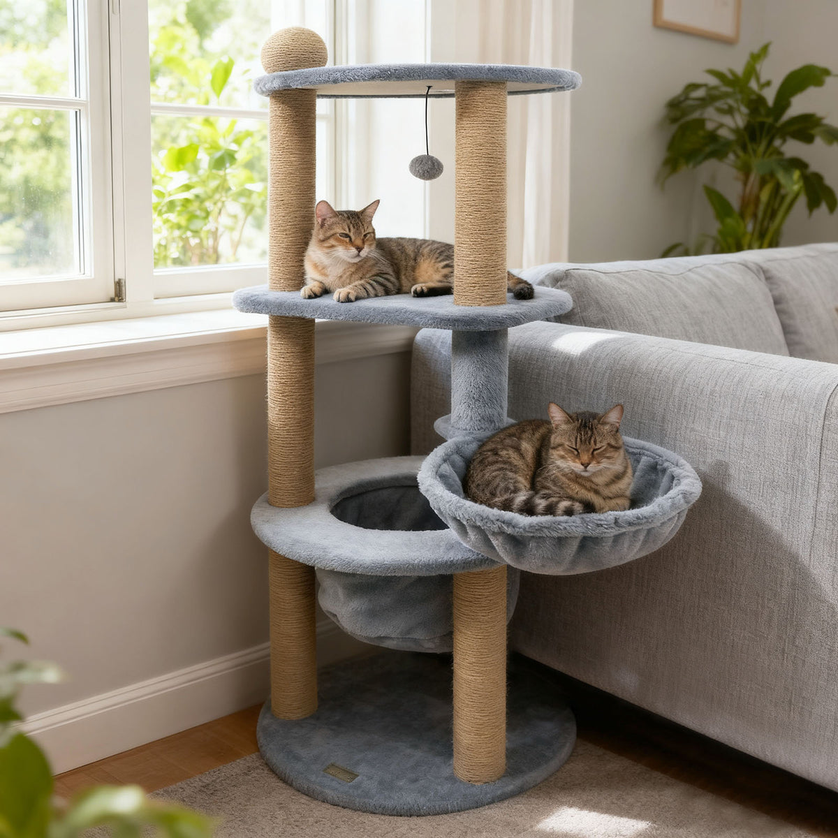 47 Inches Tall Cat Tower with Cat Nest and Scratching Posts-Gray-Cat Trees & Scratchers-DECOROLALA