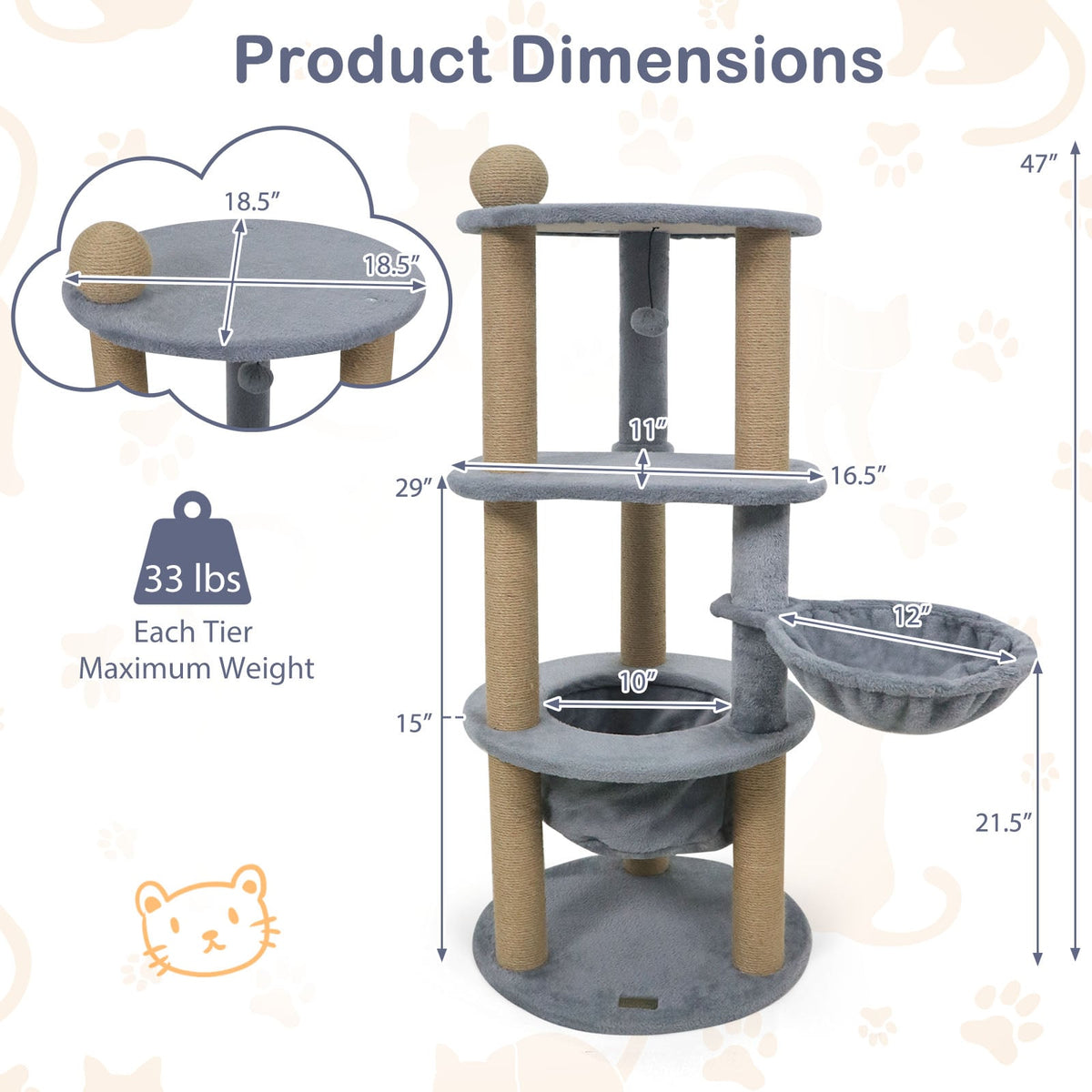 47 Inches Tall Cat Tower with Cat Nest and Scratching Posts-Gray-Cat Trees & Scratchers-DECOROLALA