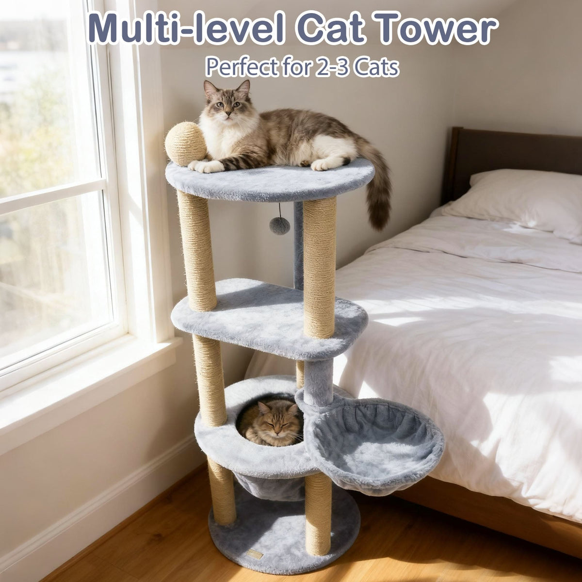 47 Inches Tall Cat Tower with Cat Nest and Scratching Posts-Gray-Cat Trees & Scratchers-DECOROLALA