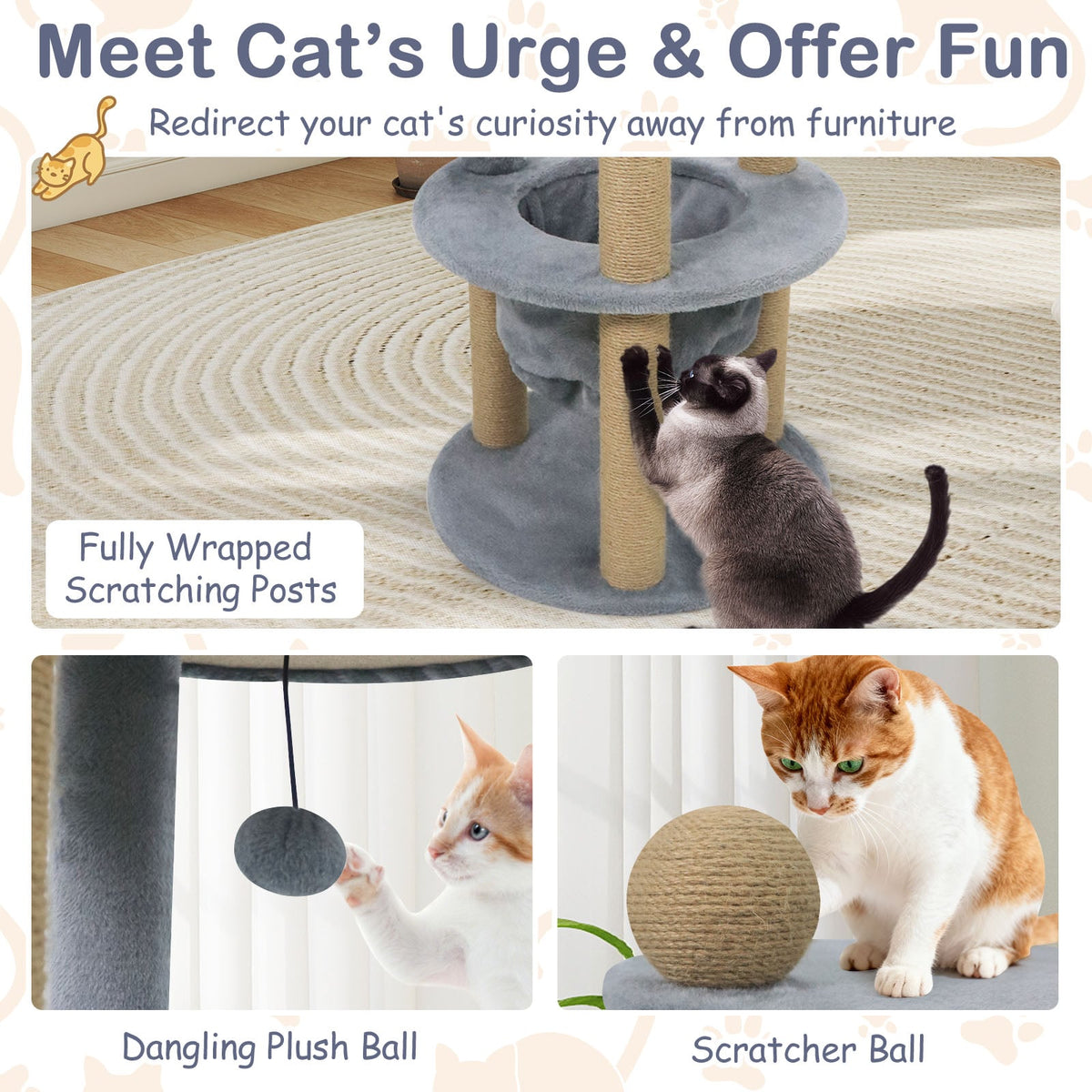 47 Inches Tall Cat Tower with Cat Nest and Scratching Posts-Gray-Cat Trees & Scratchers-DECOROLALA