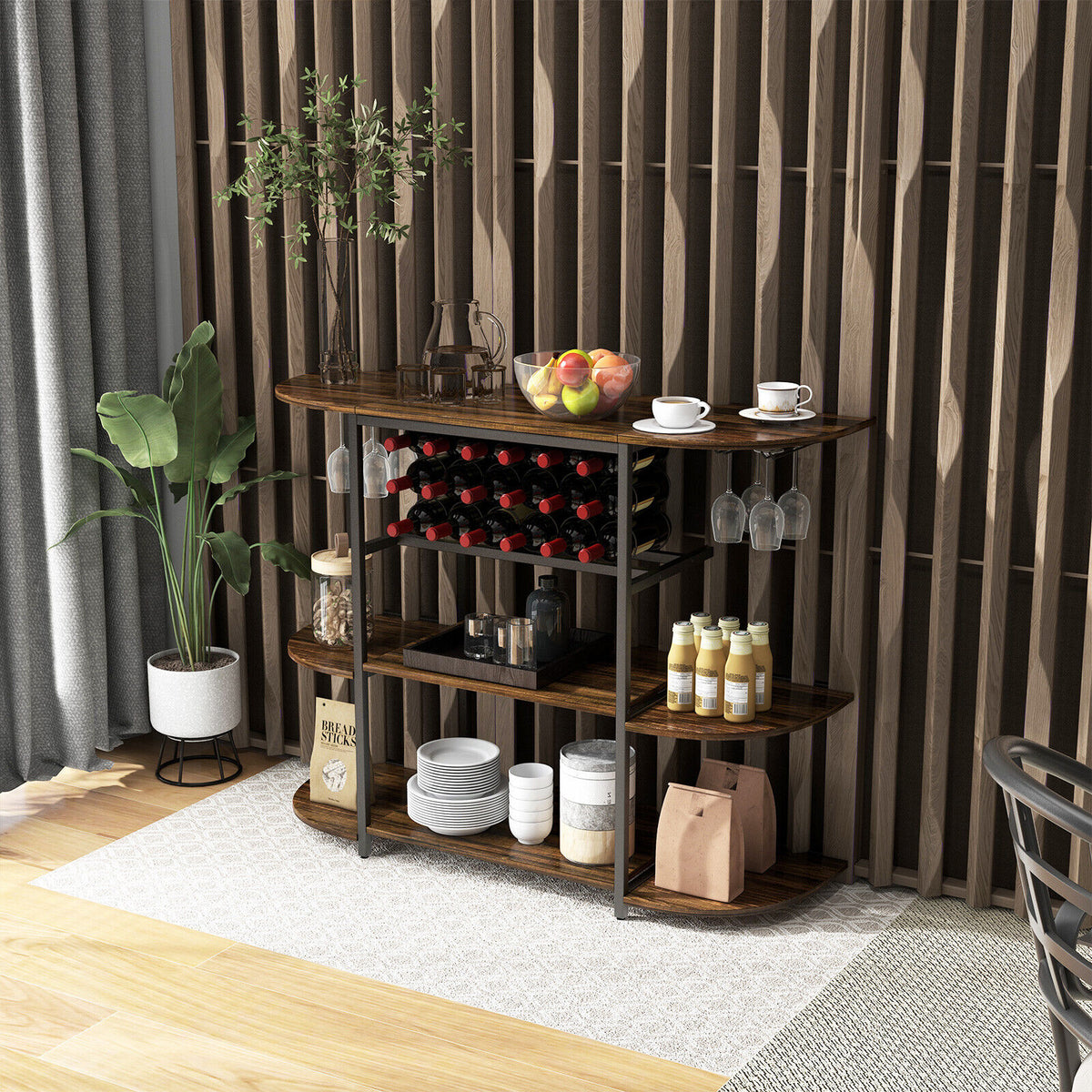 47 Inches Wine Rack Table with Glass Holder and Storage Shelves-Rustic Brown-Wine Racks-DECOROLALA