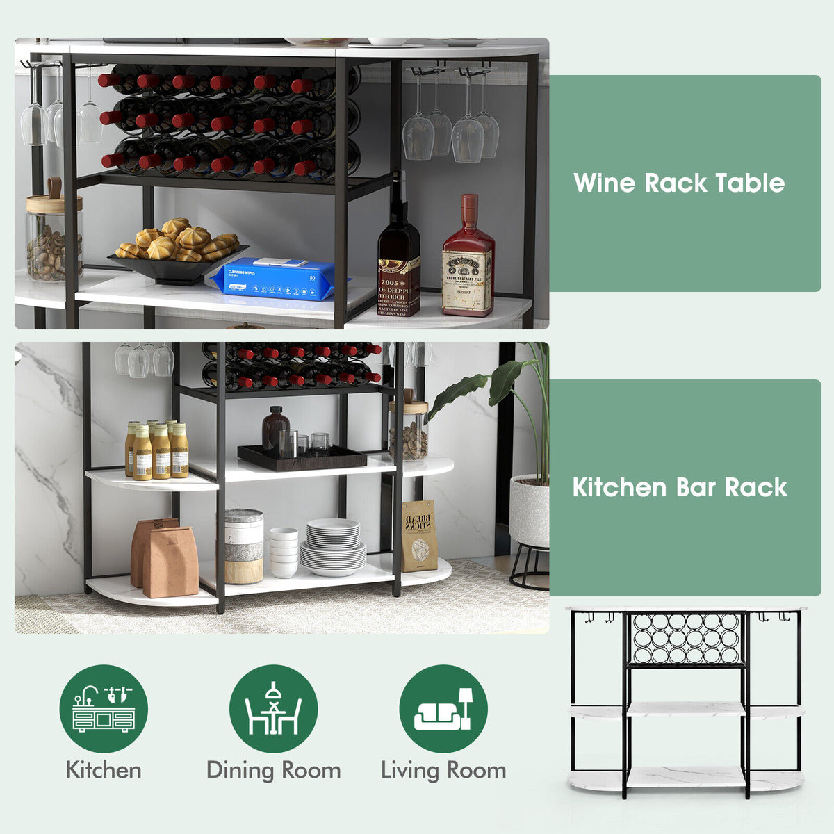 47 Inches Wine Rack Table with Glass Holder and Storage Shelves-White-Wine Racks-DECOROLALA