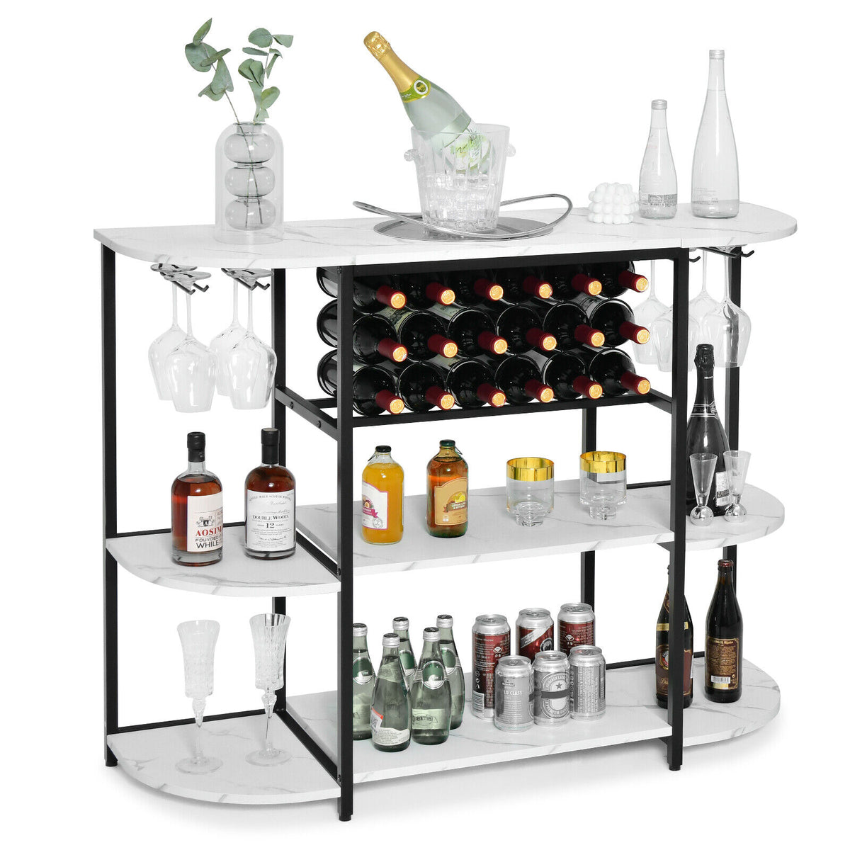47 Inches Wine Rack Table with Glass Holder and Storage Shelves-White-Wine Racks-DECOROLALA