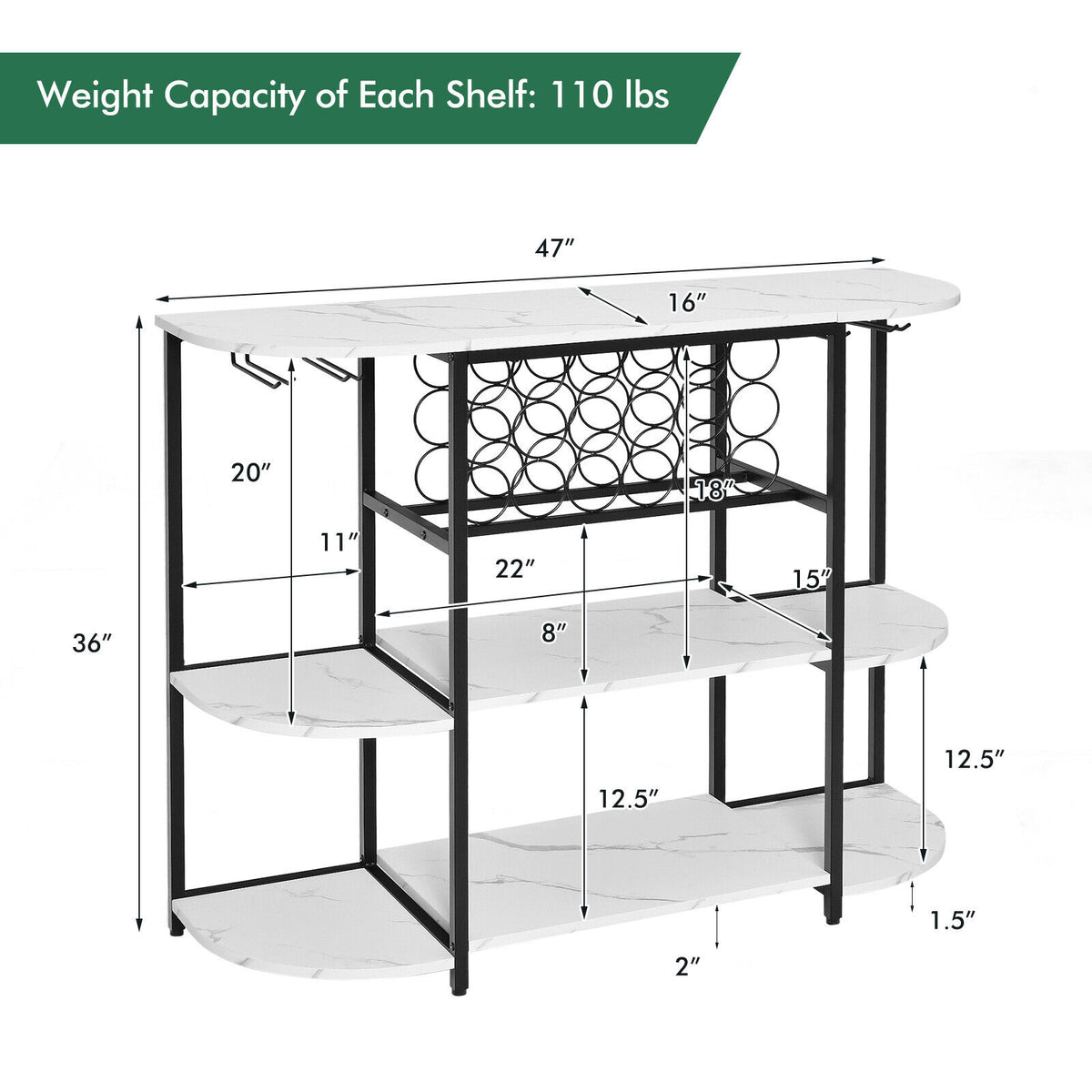 47 Inches Wine Rack Table with Glass Holder and Storage Shelves-White-Wine Racks-DECOROLALA