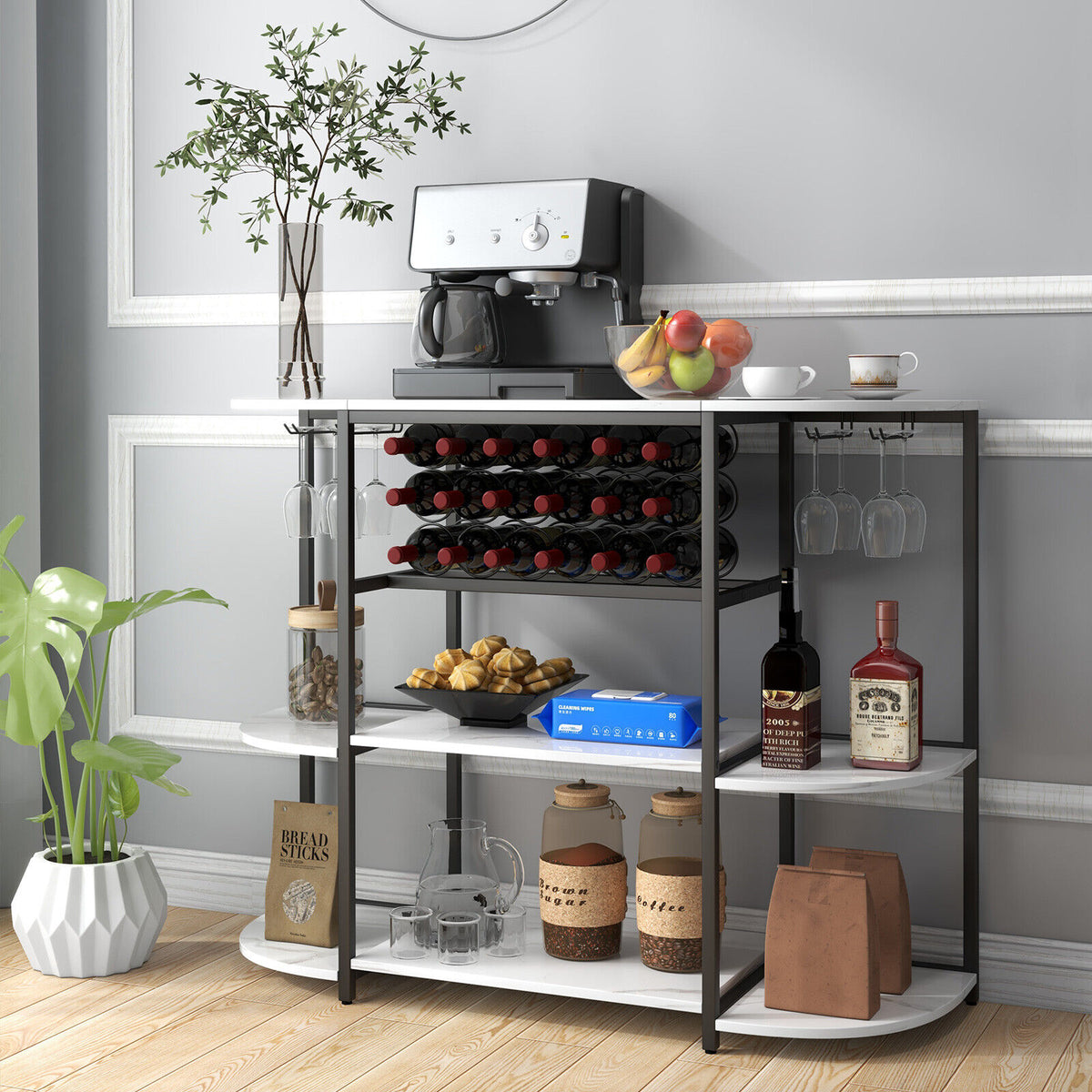 47 Inches Wine Rack Table with Glass Holder and Storage Shelves-White-Wine Racks-DECOROLALA