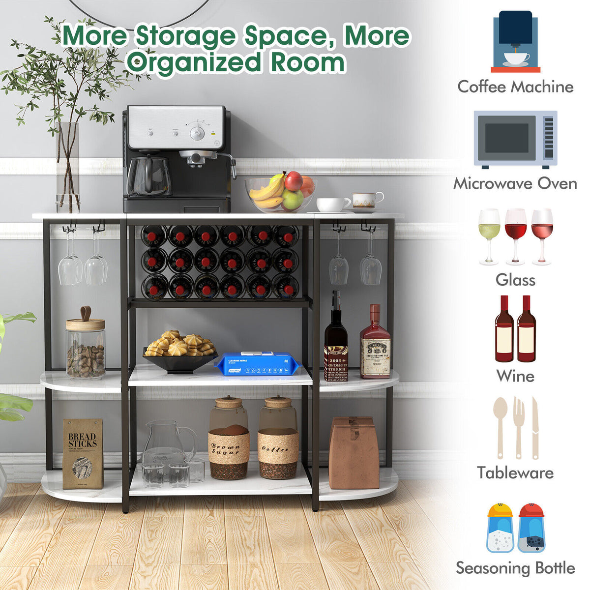 47 Inches Wine Rack Table with Glass Holder and Storage Shelves-White-Wine Racks-DECOROLALA
