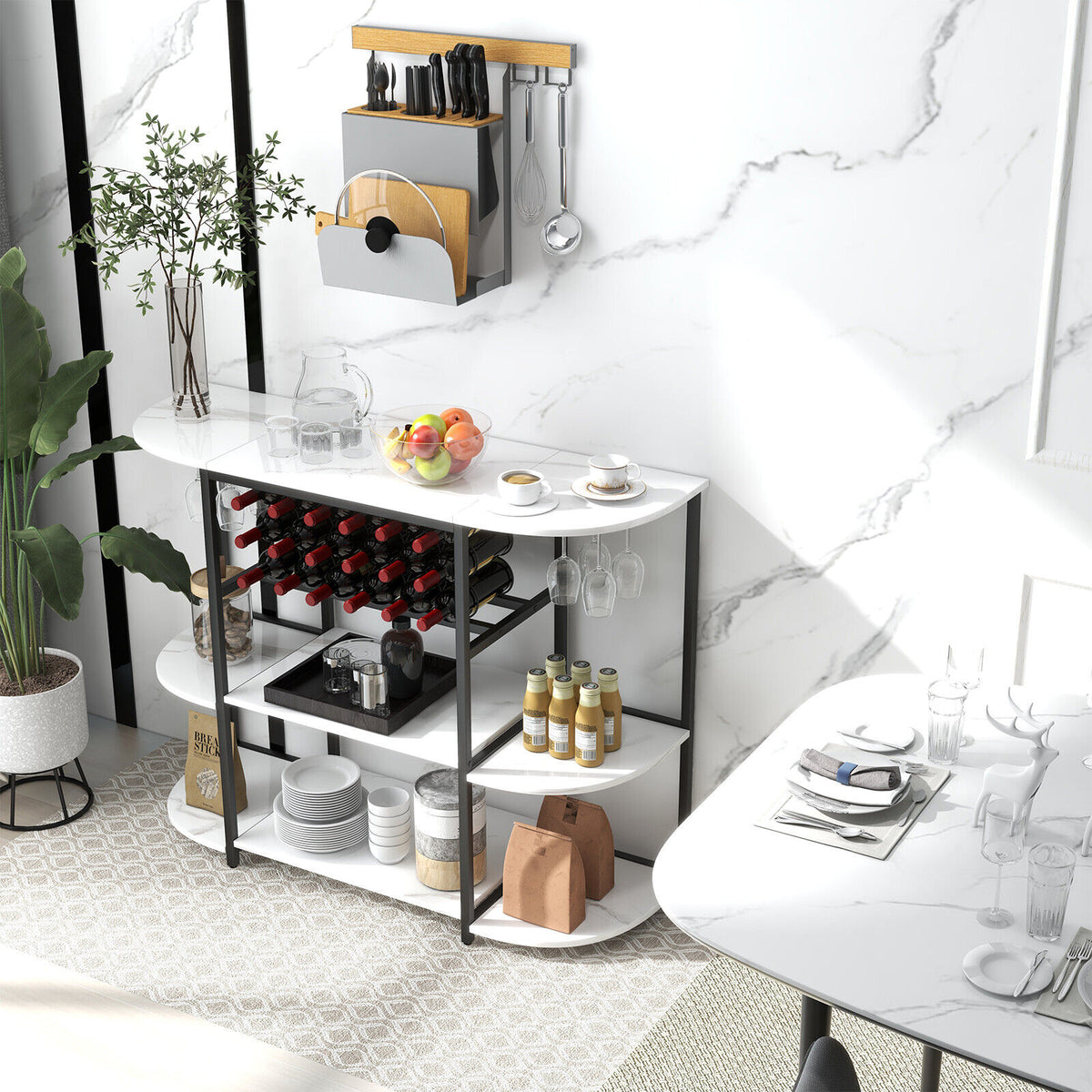 47 Inches Wine Rack Table with Glass Holder and Storage Shelves-White-Wine Racks-DECOROLALA