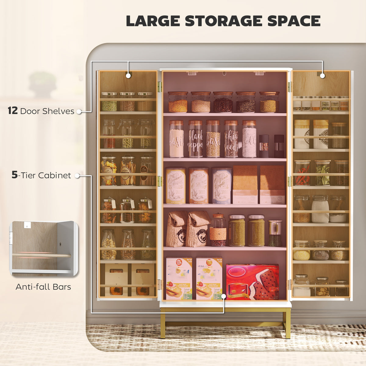47" Kitchen Pantry Cabinet - White with Gold Handles-Home Furnishings > Storage & Organization > Kitchen Pantry Cabinets-DECOROLALA