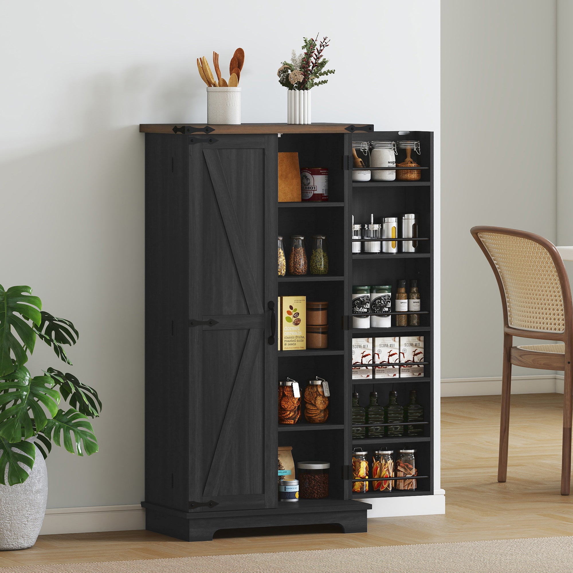 47" Kitchen Pantry Storage Cabinet, Farmhouse Kitchen Pantry Cabinet with Adjustable Shelves and Door Shelves, Black-Home Furnishings > Storage & Organization > Kitchen Pantry Cabinets-DECOROLALA