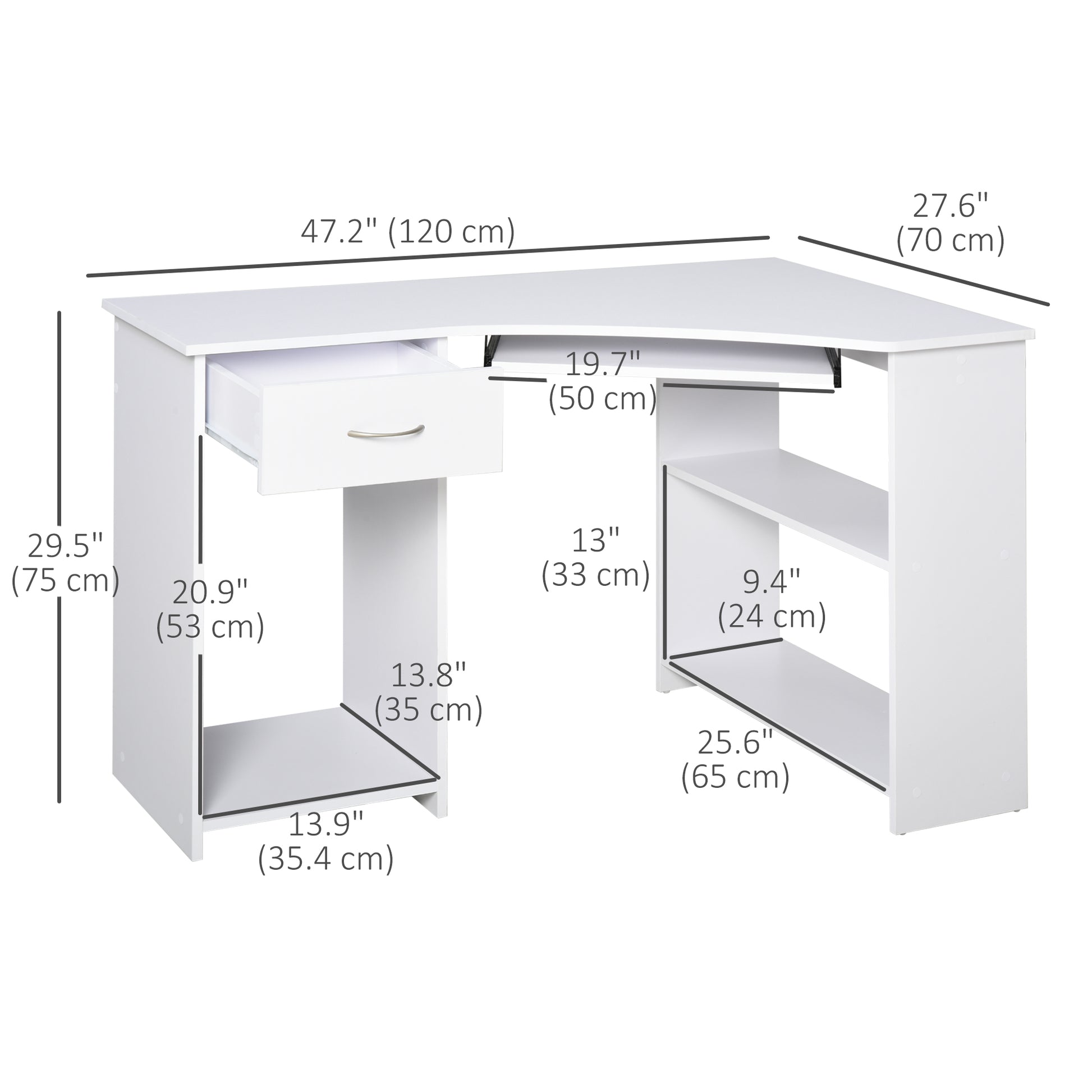 47" L-Shaped Corner Desk with Keyboard Tray - White-Office Products > Office Furniture > Office Desks & Work Stations > Computer Desks-DECOROLALA