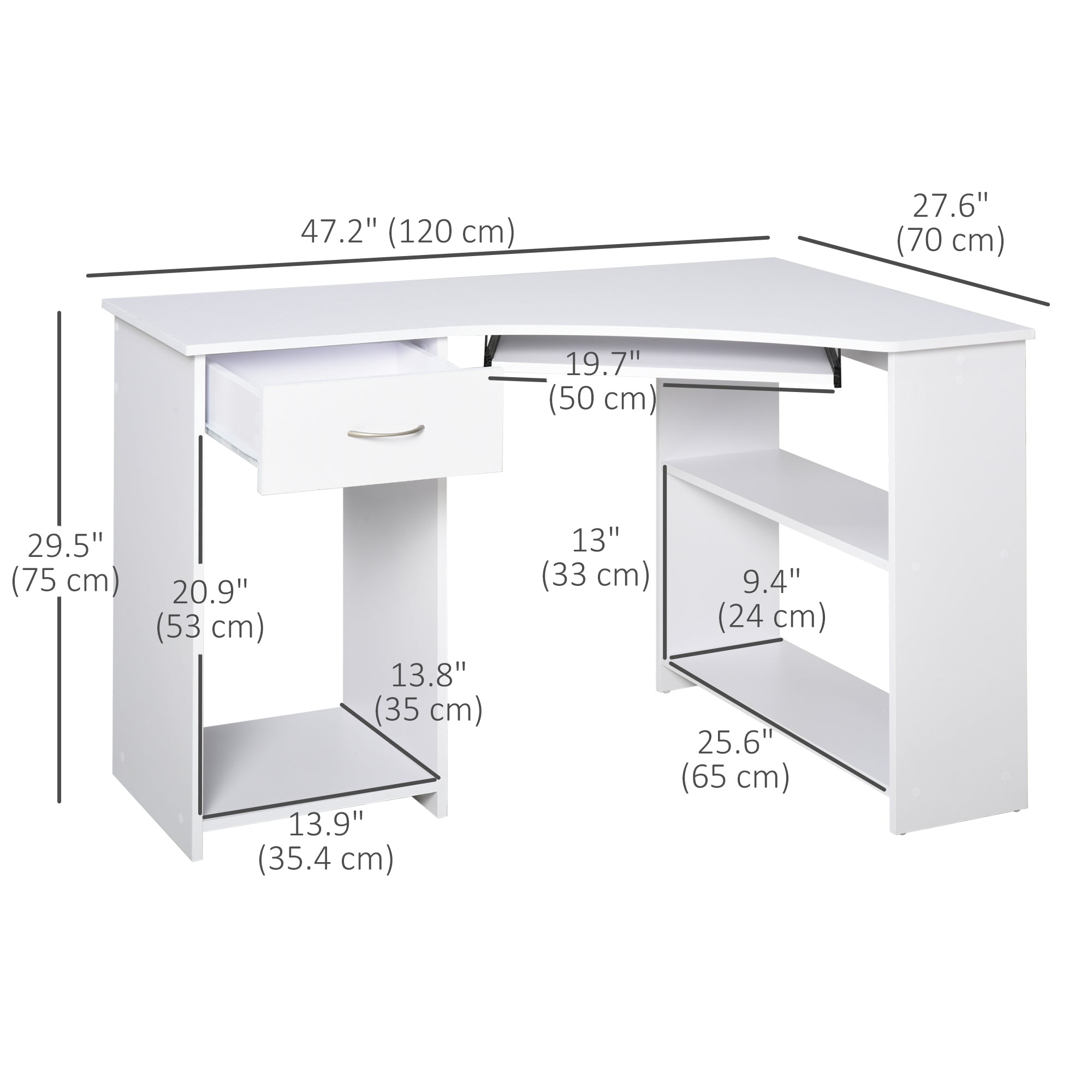 47" L-Shaped Corner Desk with Keyboard Tray - White-Office Products > Office Furniture > Office Desks & Work Stations > Computer Desks-DECOROLALA