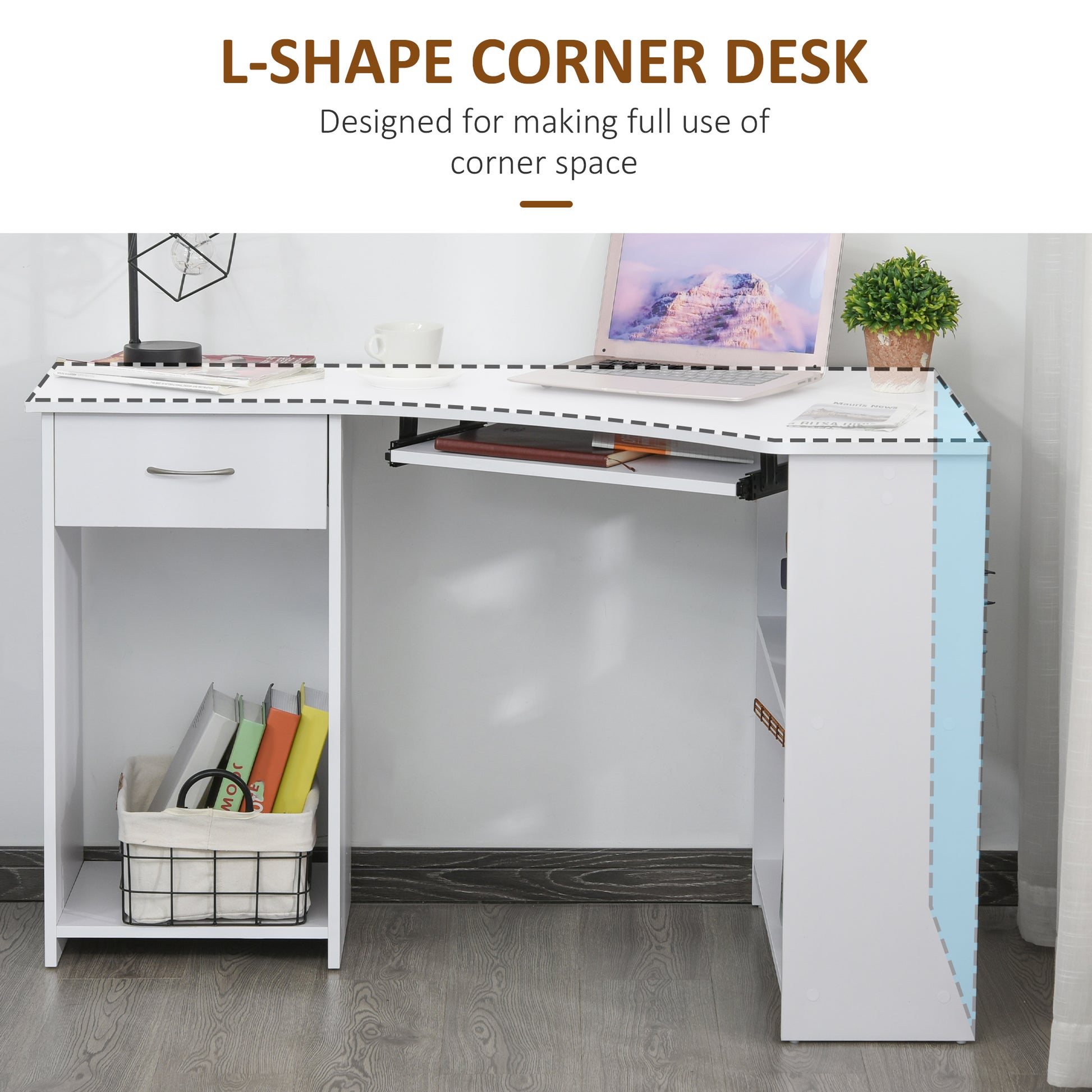 47" L-Shaped Corner Desk with Keyboard Tray - White-Office Products > Office Furniture > Office Desks & Work Stations > Computer Desks-DECOROLALA