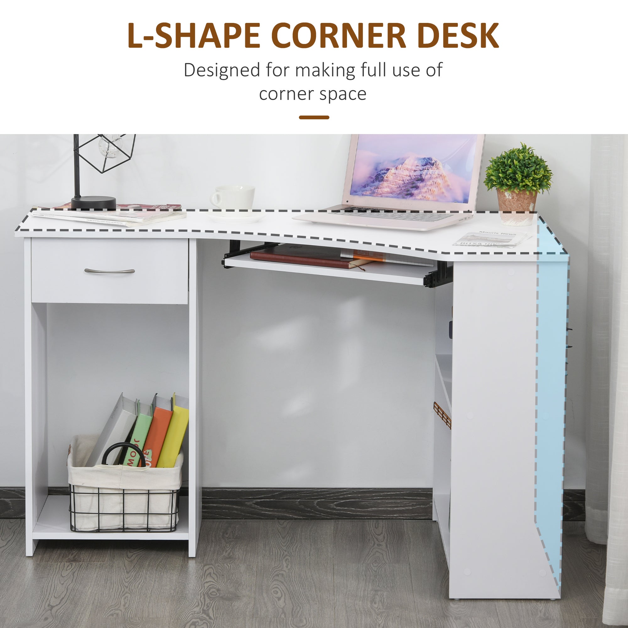 47" L-Shaped Corner Desk with Keyboard Tray - White-Office Products > Office Furniture > Office Desks & Work Stations > Computer Desks-DECOROLALA