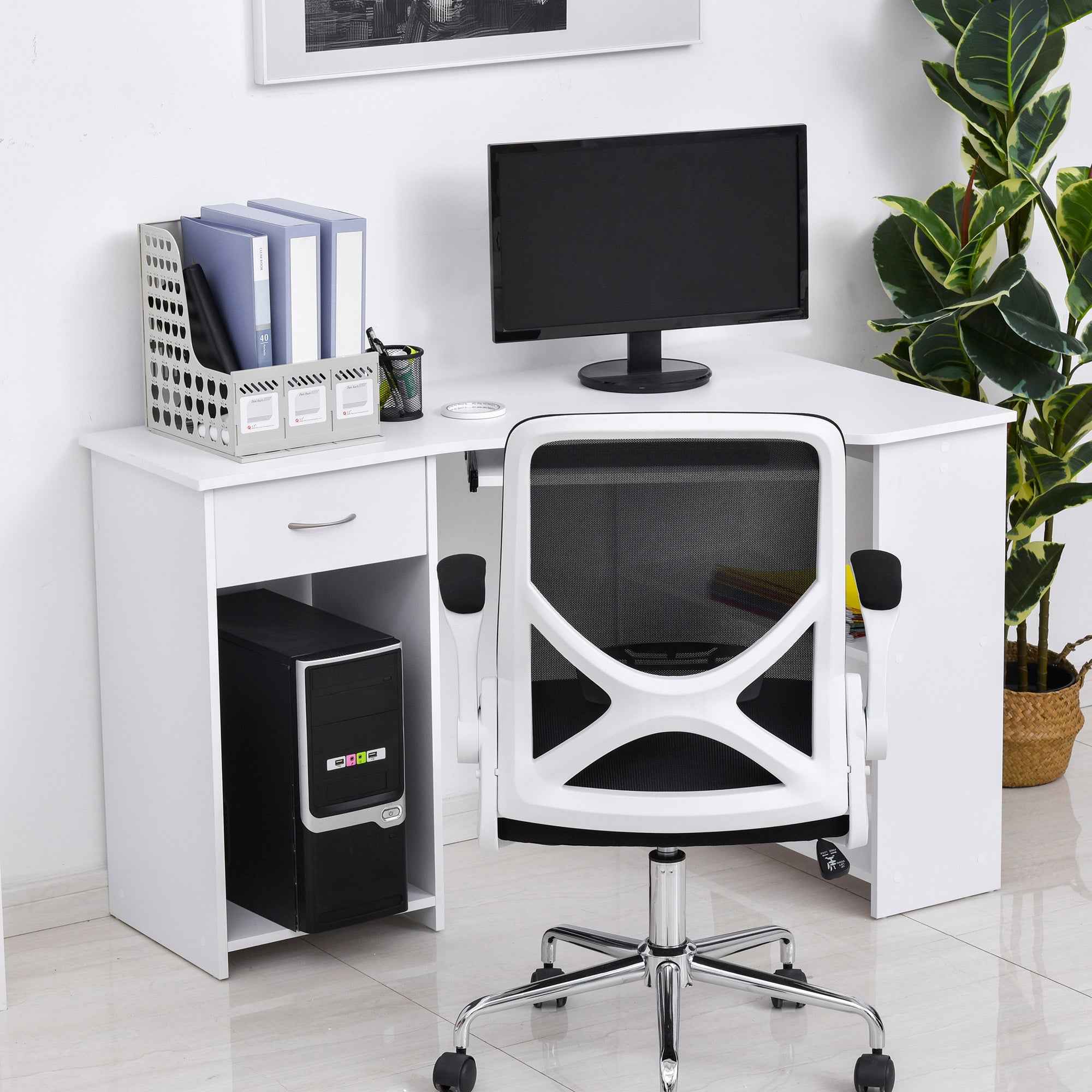 47" L-Shaped Corner Desk with Keyboard Tray - White-Office Products > Office Furniture > Office Desks & Work Stations > Computer Desks-DECOROLALA