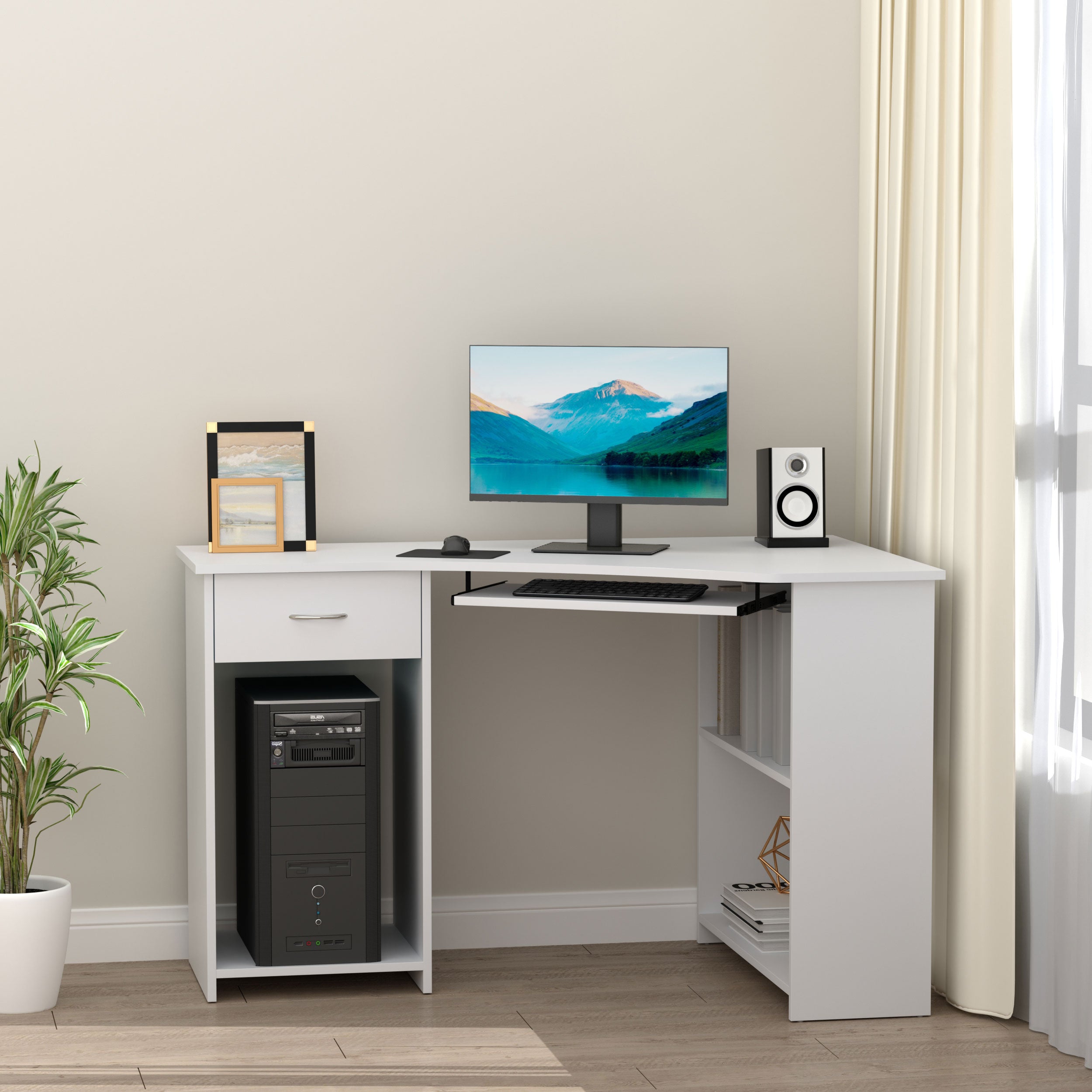 47" L-Shaped Corner Desk with Keyboard Tray - White-Office Products > Office Furniture > Office Desks & Work Stations > Computer Desks-DECOROLALA