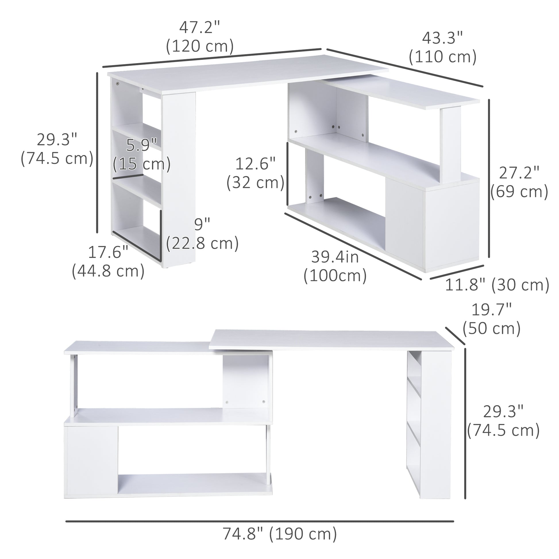 47" L-Shaped Rotating Computer Desk with Shelves - White-Office Products > Office Furniture > Office Desks & Work Stations > Writing Desks-DECOROLALA