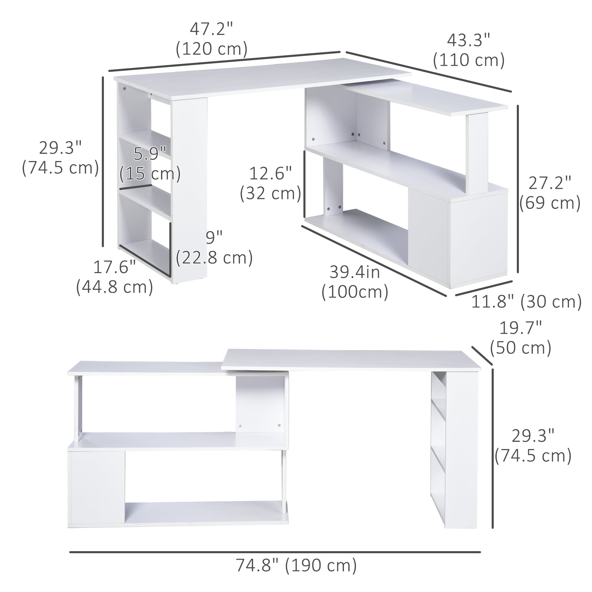 47" L-Shaped Rotating Computer Desk with Shelves - White-Office Products > Office Furniture > Office Desks & Work Stations > Writing Desks-DECOROLALA