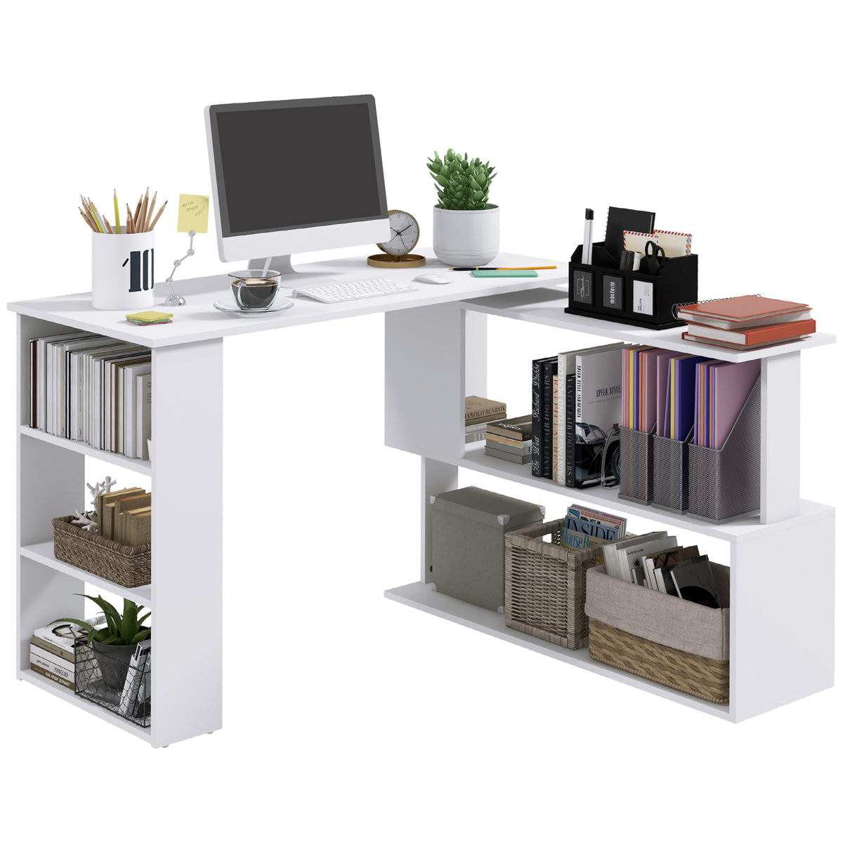 47" L-Shaped Rotating Computer Desk with Shelves - White-Office Products > Office Furniture > Office Desks & Work Stations > Writing Desks-DECOROLALA