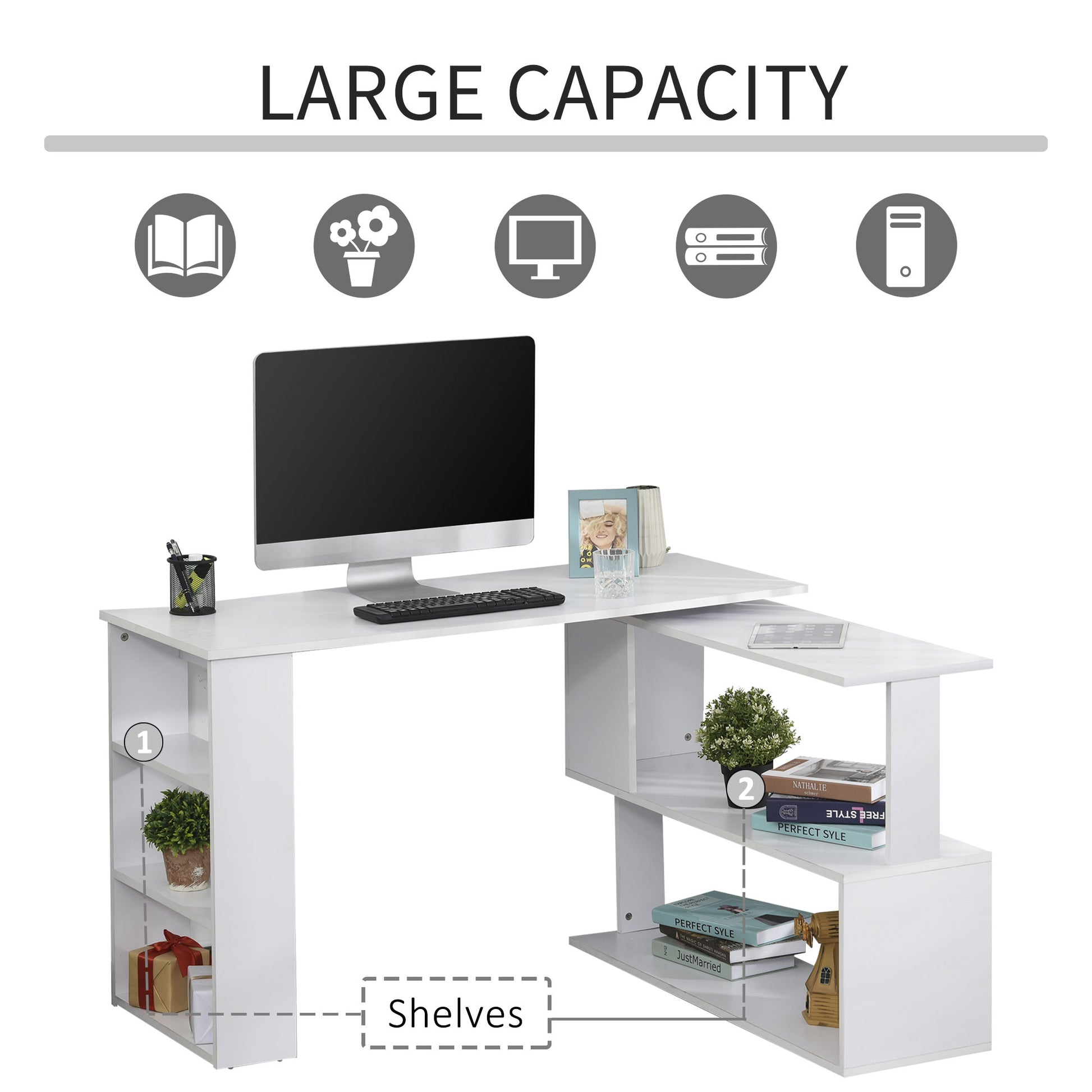47" L-Shaped Rotating Computer Desk with Shelves - White-Office Products > Office Furniture > Office Desks & Work Stations > Writing Desks-DECOROLALA