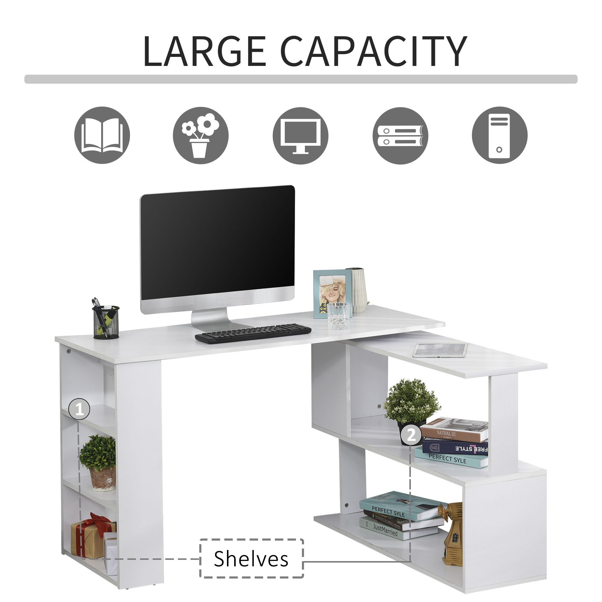 47" L-Shaped Rotating Computer Desk with Shelves - White-Office Products > Office Furniture > Office Desks & Work Stations > Writing Desks-DECOROLALA