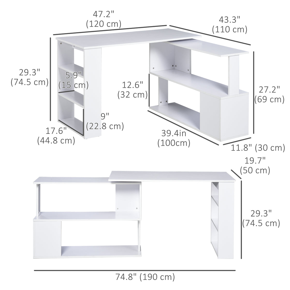 47" L-Shaped Rotating Computer Desk with Shelves - White-Office Products > Office Furniture > Office Desks & Work Stations > Writing Desks-DECOROLALA