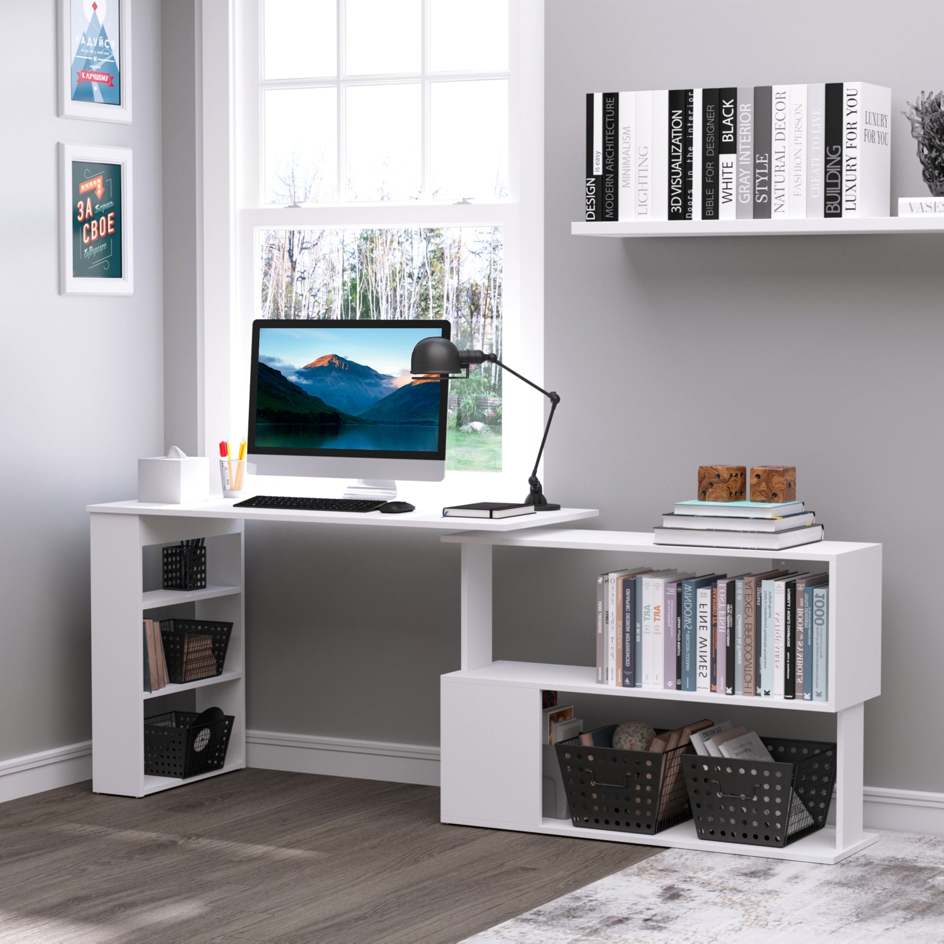 47" L-Shaped Rotating Computer Desk with Shelves - White-Office Products > Office Furniture > Office Desks & Work Stations > Writing Desks-DECOROLALA
