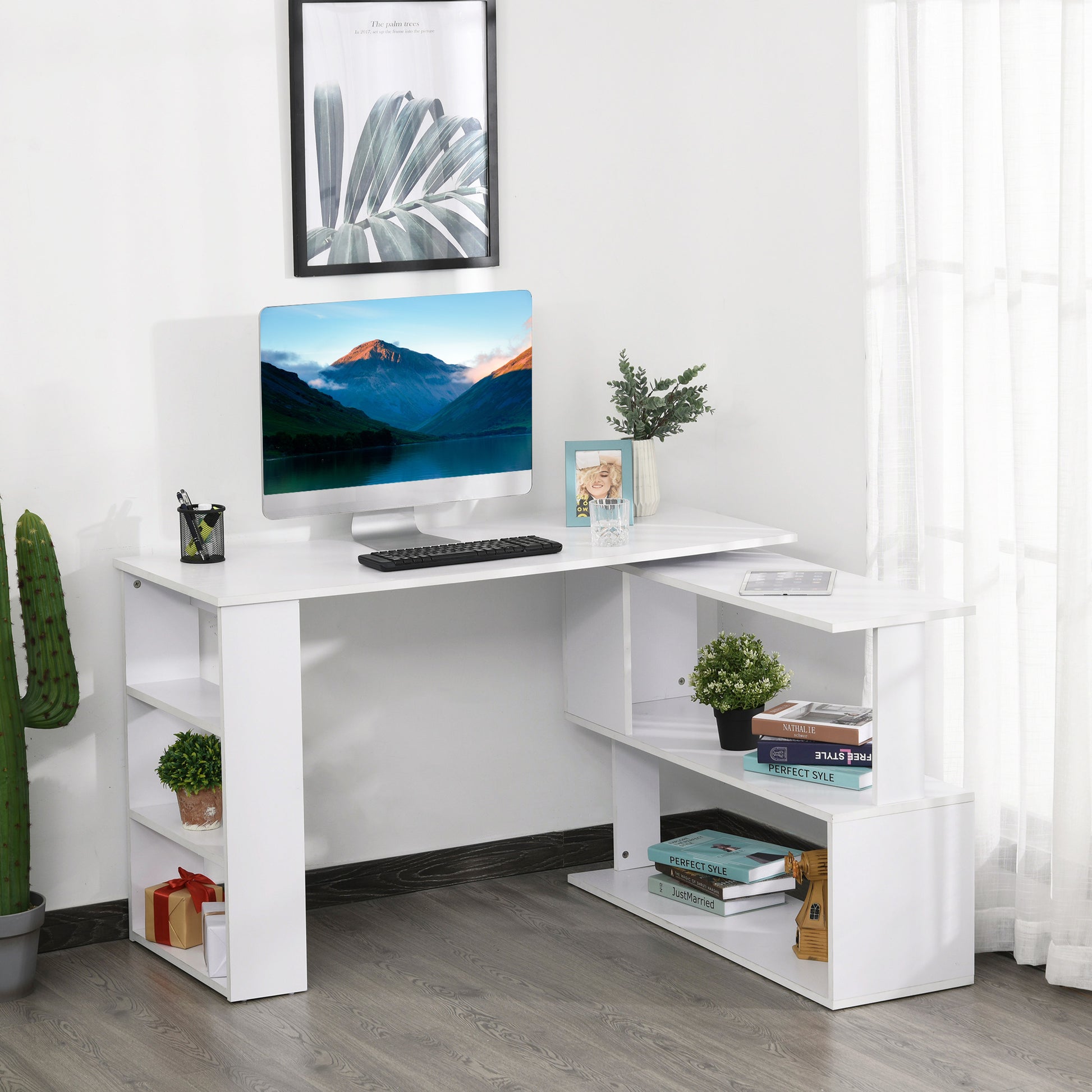 47" L-Shaped Rotating Computer Desk with Shelves - White-Office Products > Office Furniture > Office Desks & Work Stations > Writing Desks-DECOROLALA