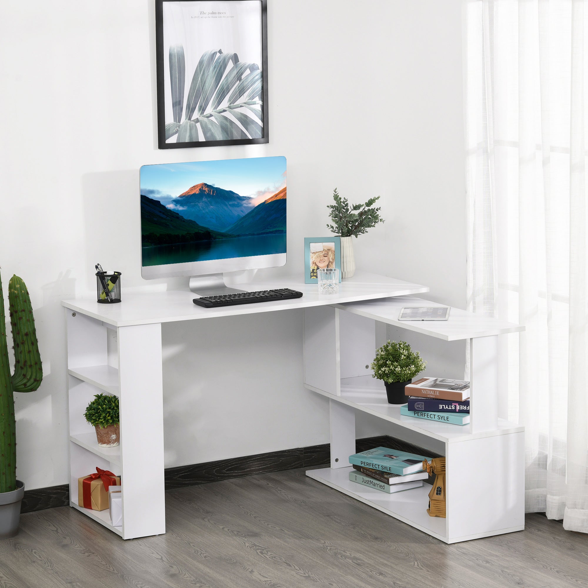 47" L-Shaped Rotating Computer Desk with Shelves - White-Office Products > Office Furniture > Office Desks & Work Stations > Writing Desks-DECOROLALA