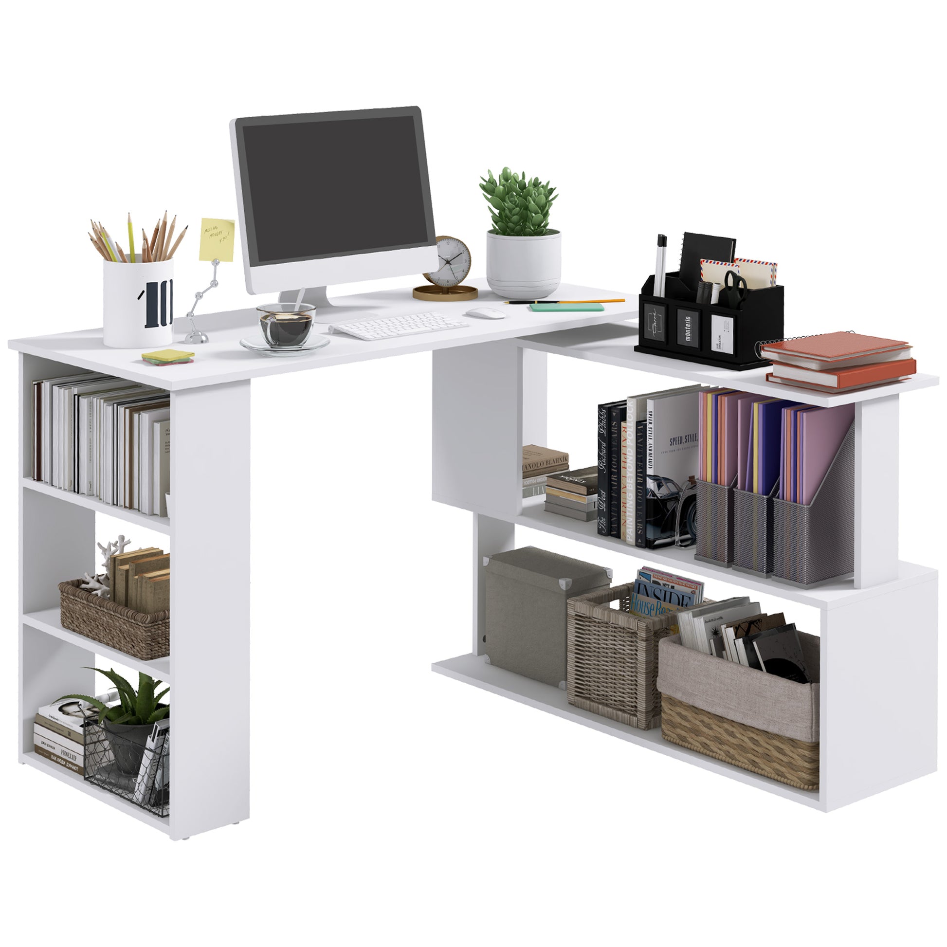 47" L-Shaped Rotating Computer Desk with Shelves - White-Office Products > Office Furniture > Office Desks & Work Stations > Writing Desks-DECOROLALA