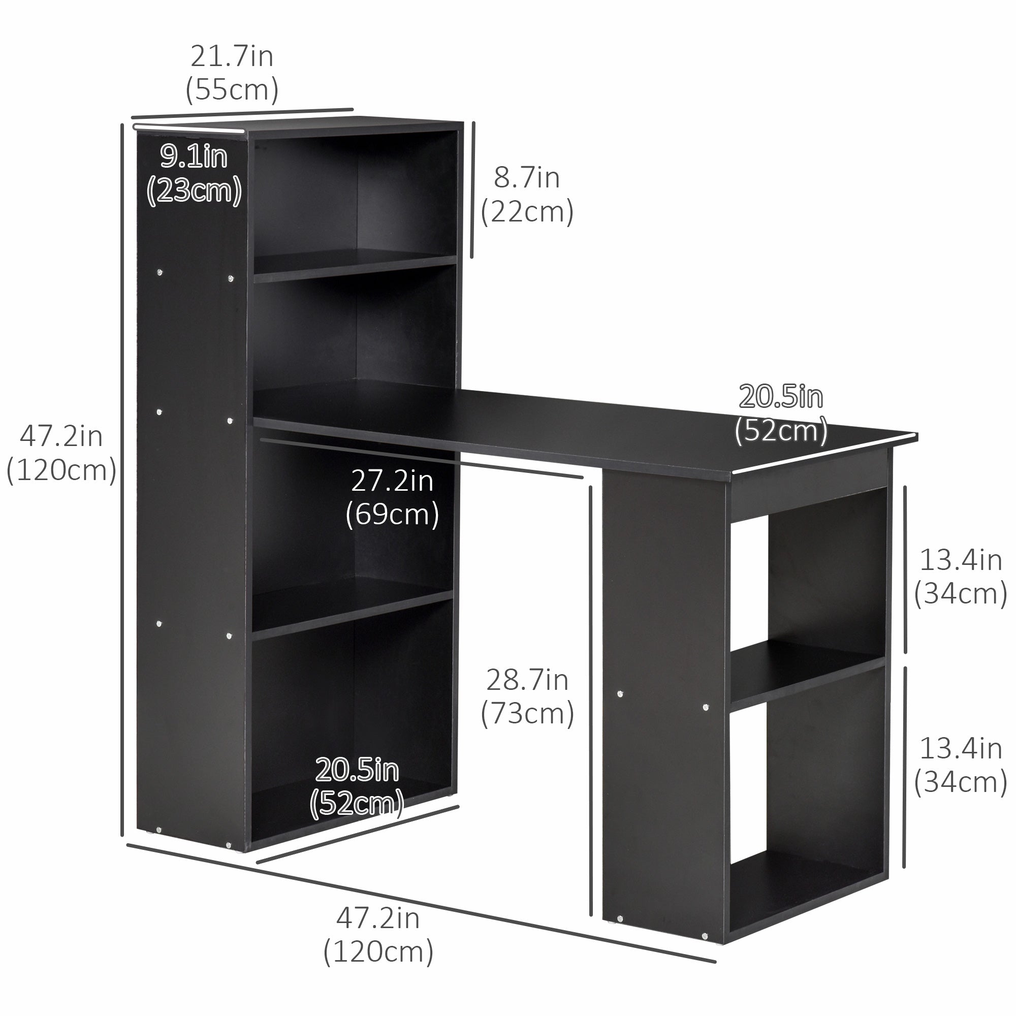 47" Modern Computer Desk with 6 Storage Shelves - Black-Office Products > Office Furniture > Office Desks & Work Stations > Writing Desks-DECOROLALA