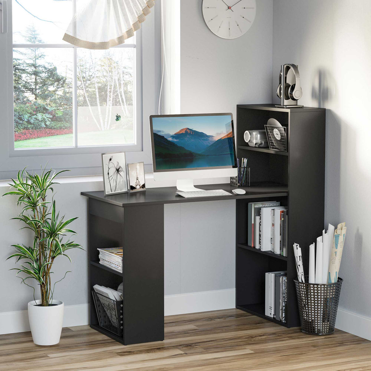47" Modern Computer Desk with 6 Storage Shelves - Black-Office Products > Office Furniture > Office Desks & Work Stations > Writing Desks-DECOROLALA