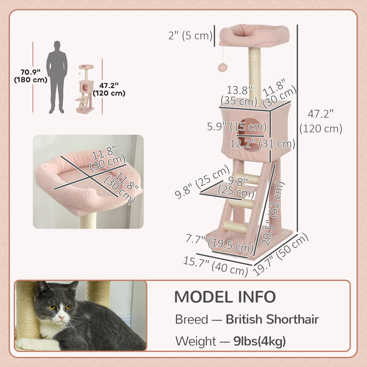 47" Multi-Level Cat Tree Tower with Condo and Ladder - Pink-Cats-DECOROLALA