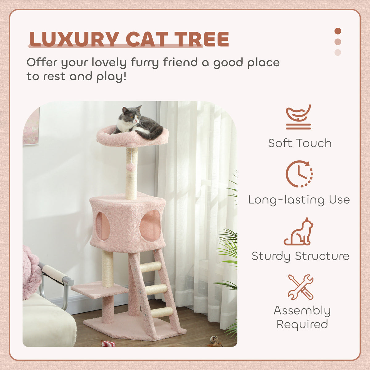 47" Multi-Level Cat Tree Tower with Condo and Ladder - Pink-Cats-DECOROLALA