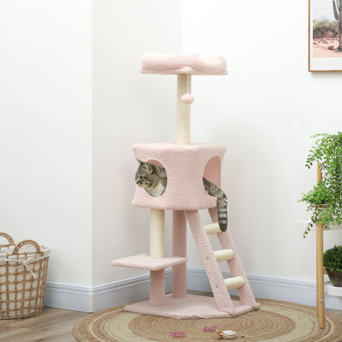 47" Multi-Level Cat Tree Tower with Condo and Ladder - Pink-Cats-DECOROLALA