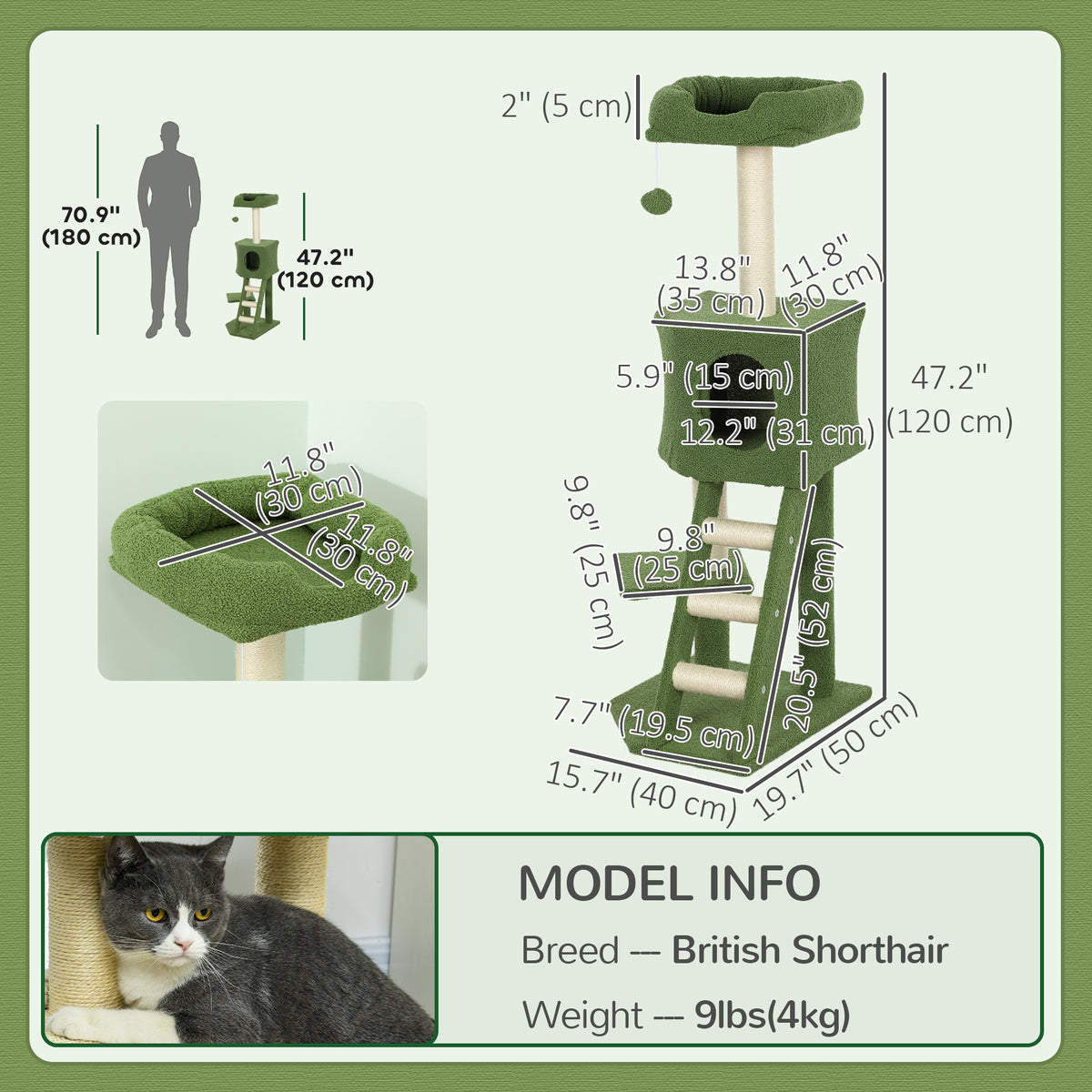47" Multi-Level Cat Tree Tower with Condo and Sisal Posts - Green-Cats-DECOROLALA