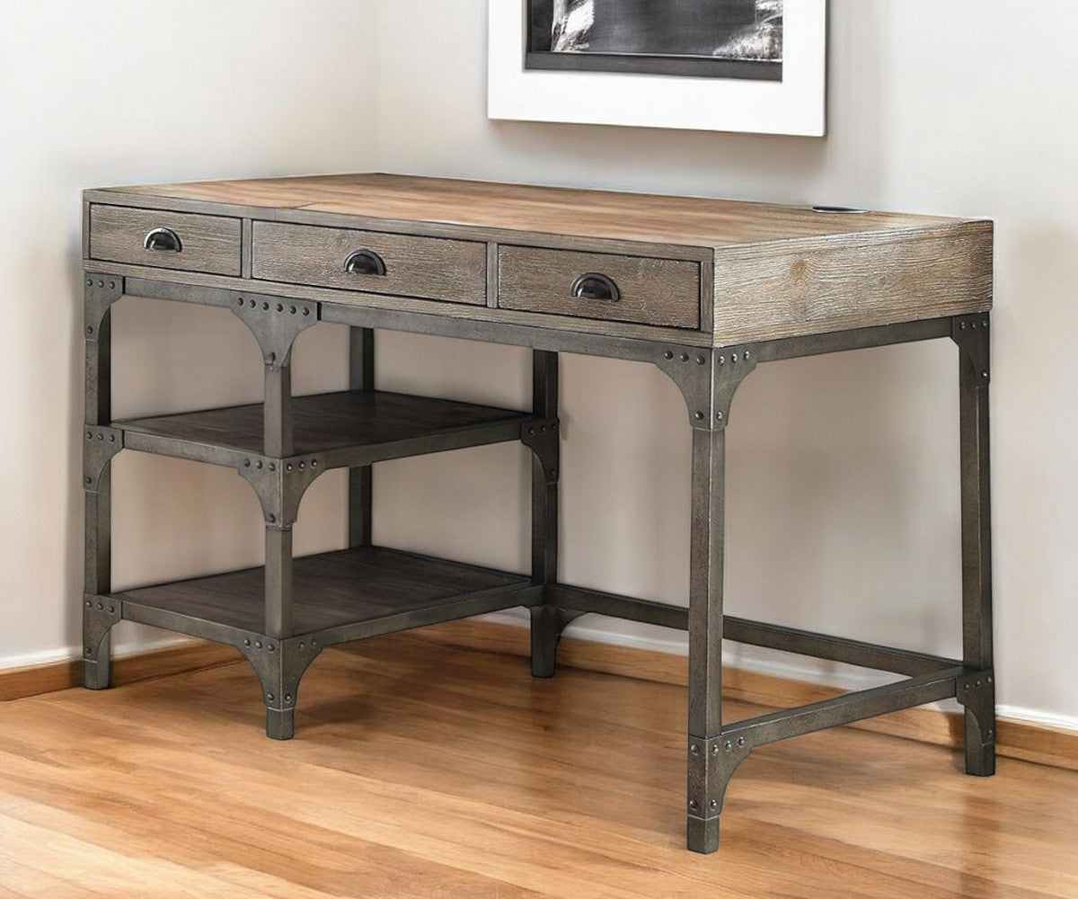 47" Natural and Gray Writing Desk With Three Drawers-Desks-DECOROLALA
