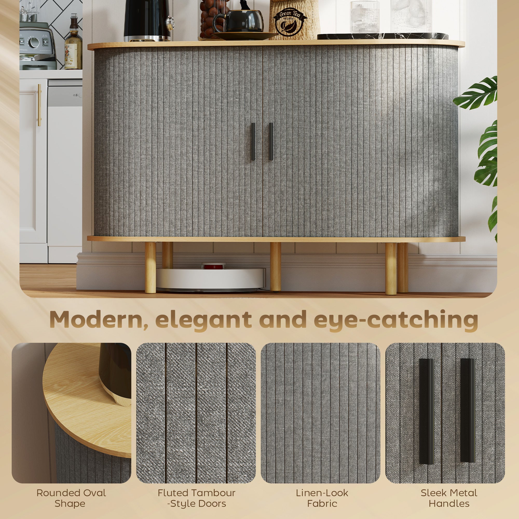 47" Oval Buffet Cabinet - Grey Fluted Sideboard-DECOROLALA