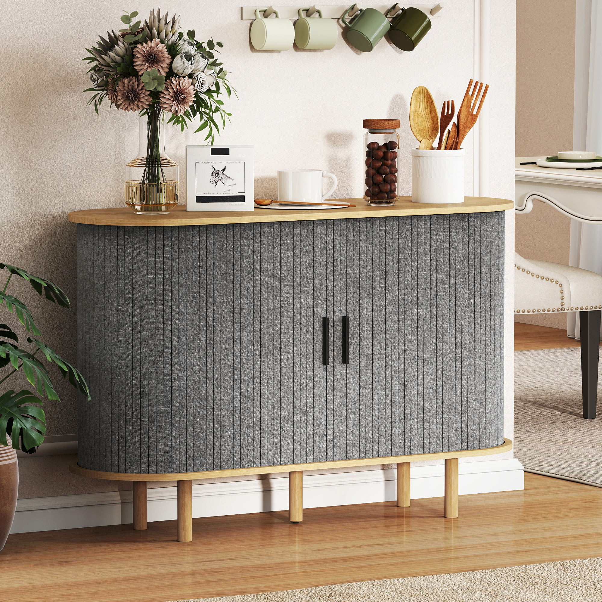 47" Oval Buffet Cabinet - Grey Fluted Sideboard-DECOROLALA