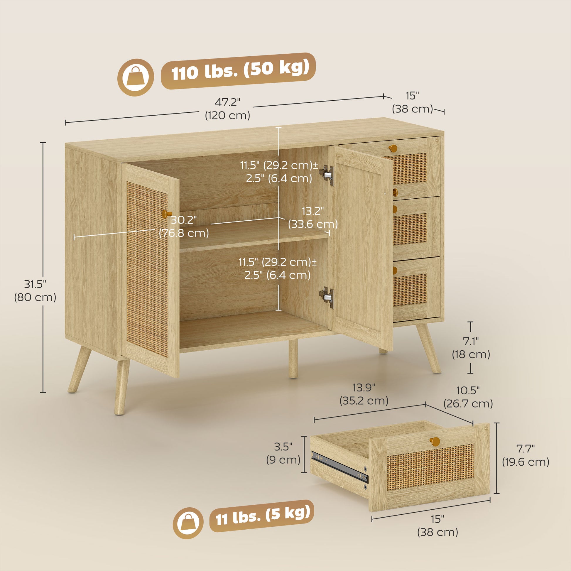 47" Rattan Buffet Cabinet - Boho Sideboard Natural-DECOROLALA