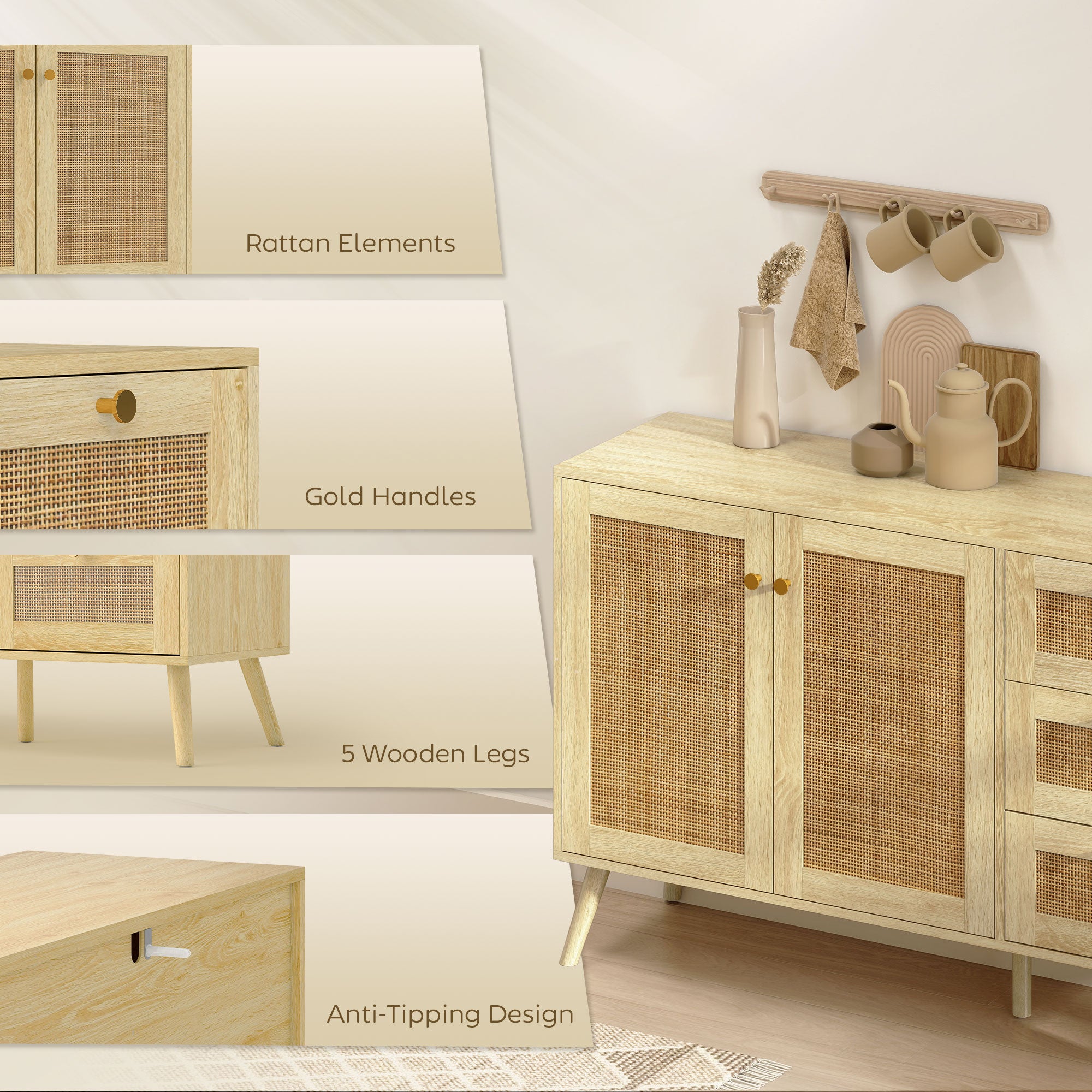 47" Rattan Buffet Cabinet - Boho Sideboard Natural-DECOROLALA
