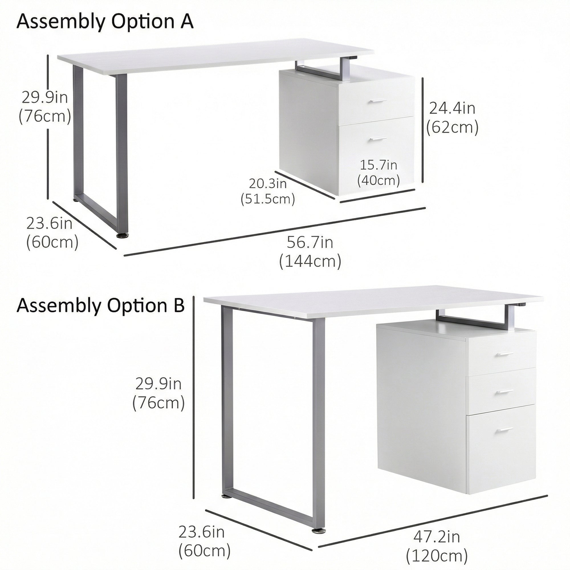 47" Reversible Desk with 3 Drawers, Metal Frame Office Workstation, White-DECOROLALA