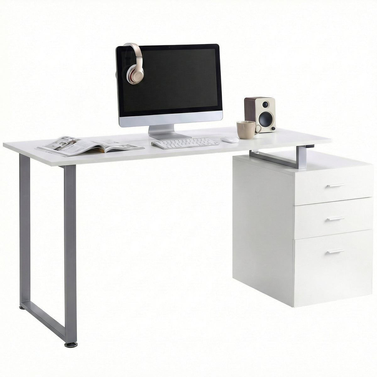 47" Reversible Desk with 3 Drawers, Metal Frame Office Workstation, White-DECOROLALA