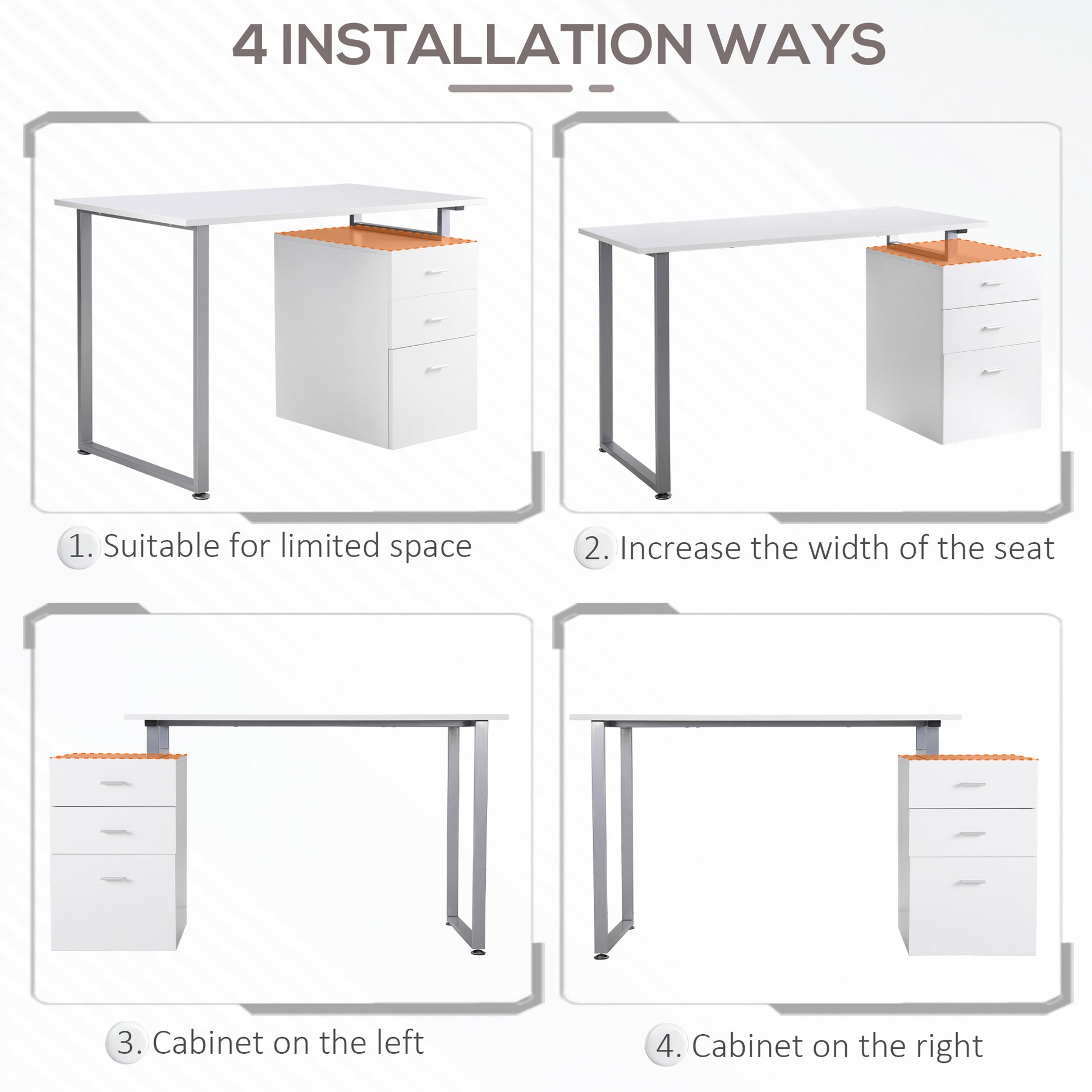 47" Reversible Desk with 3 Drawers, Metal Frame Office Workstation, White-DECOROLALA