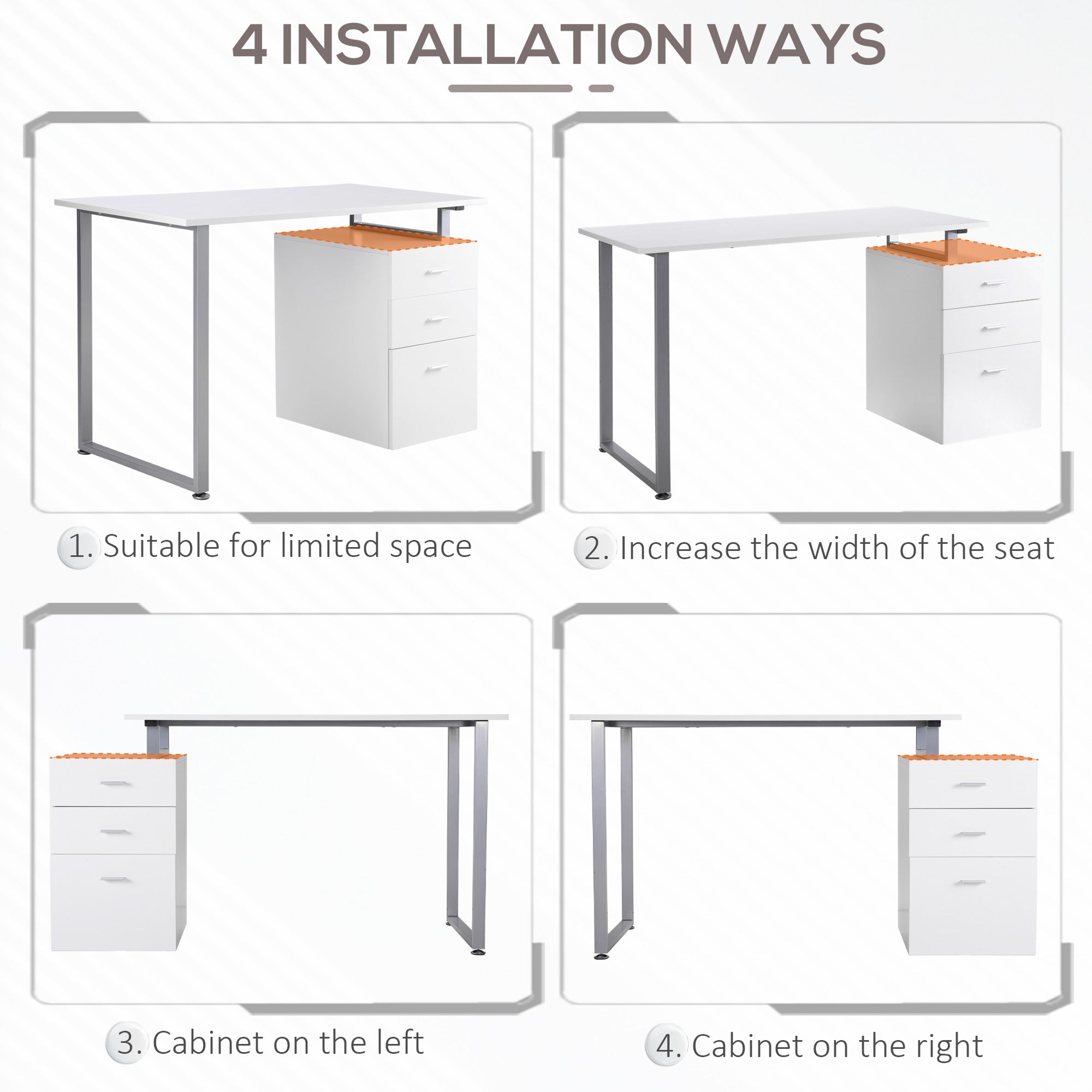 47" Reversible Desk with 3 Drawers, Metal Frame Office Workstation, White-DECOROLALA