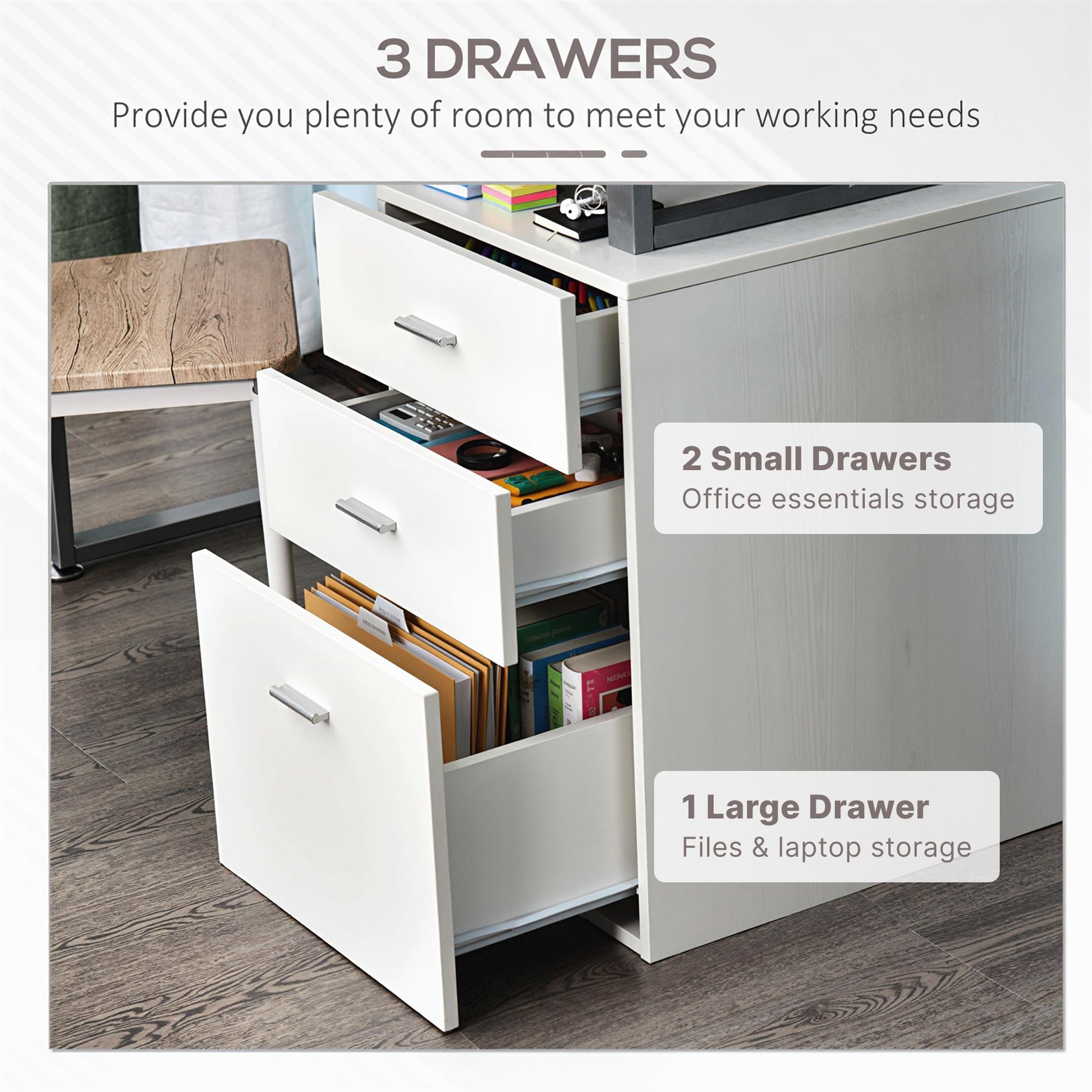 47" Reversible Desk with 3 Drawers, Metal Frame Office Workstation, White-DECOROLALA
